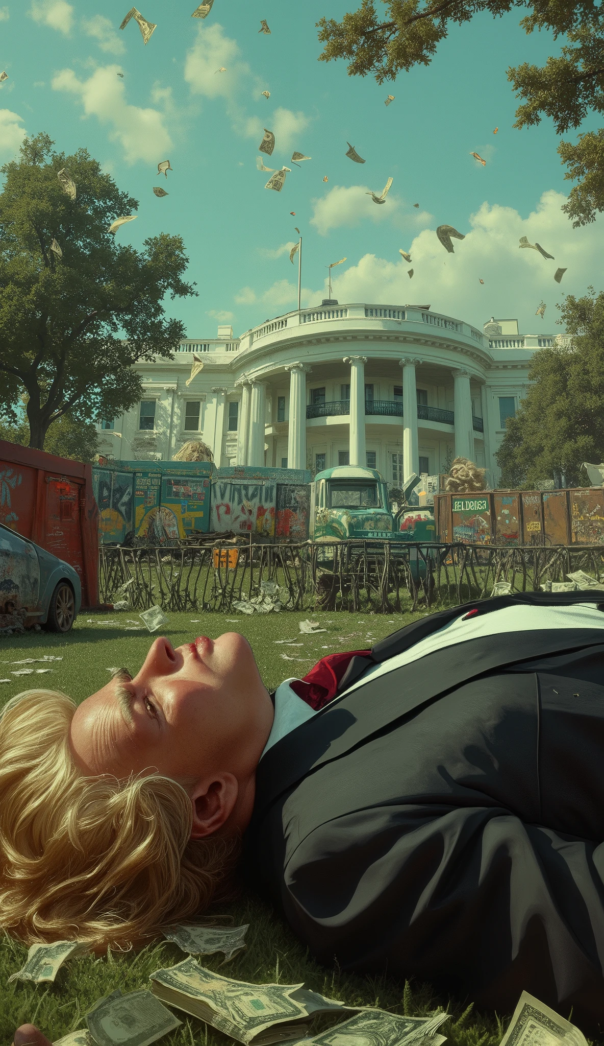 (tariff battle, Graffiti, bullet holes, (stolen bills falling:1.5), Generate a (GTA-style:1.5) tariff battle, Top quality, ultra fine, 16K, incredibly absurd, highly detailed, 2.5D, delicate and dynamic, A fat, blond white 83years old Mr.President of U.S.A lying on garbage dump of the Whitehouse after losing a tariff fight
