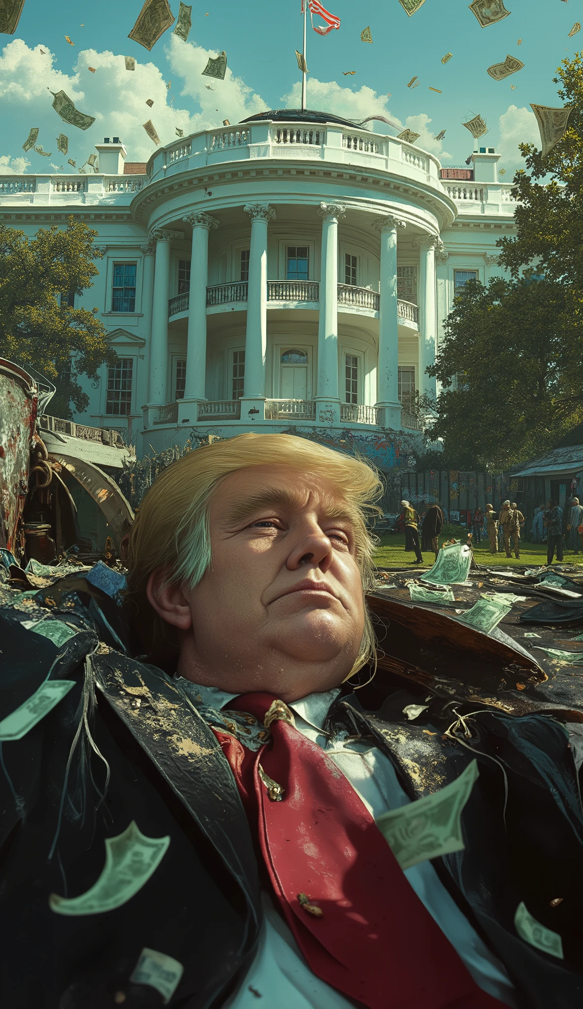 (tariff battle, Graffiti, bullet holes, (stolen bills falling:1.5), Generate a (GTA-style:1.5) tariff battle, Top quality, ultra fine, 16K, incredibly absurd, highly detailed, 2.5D, delicate and dynamic, A fat, blond white 83years old Mr.President of U.S.A lying on garbage dump of the Whitehouse after losing a tariff fight
