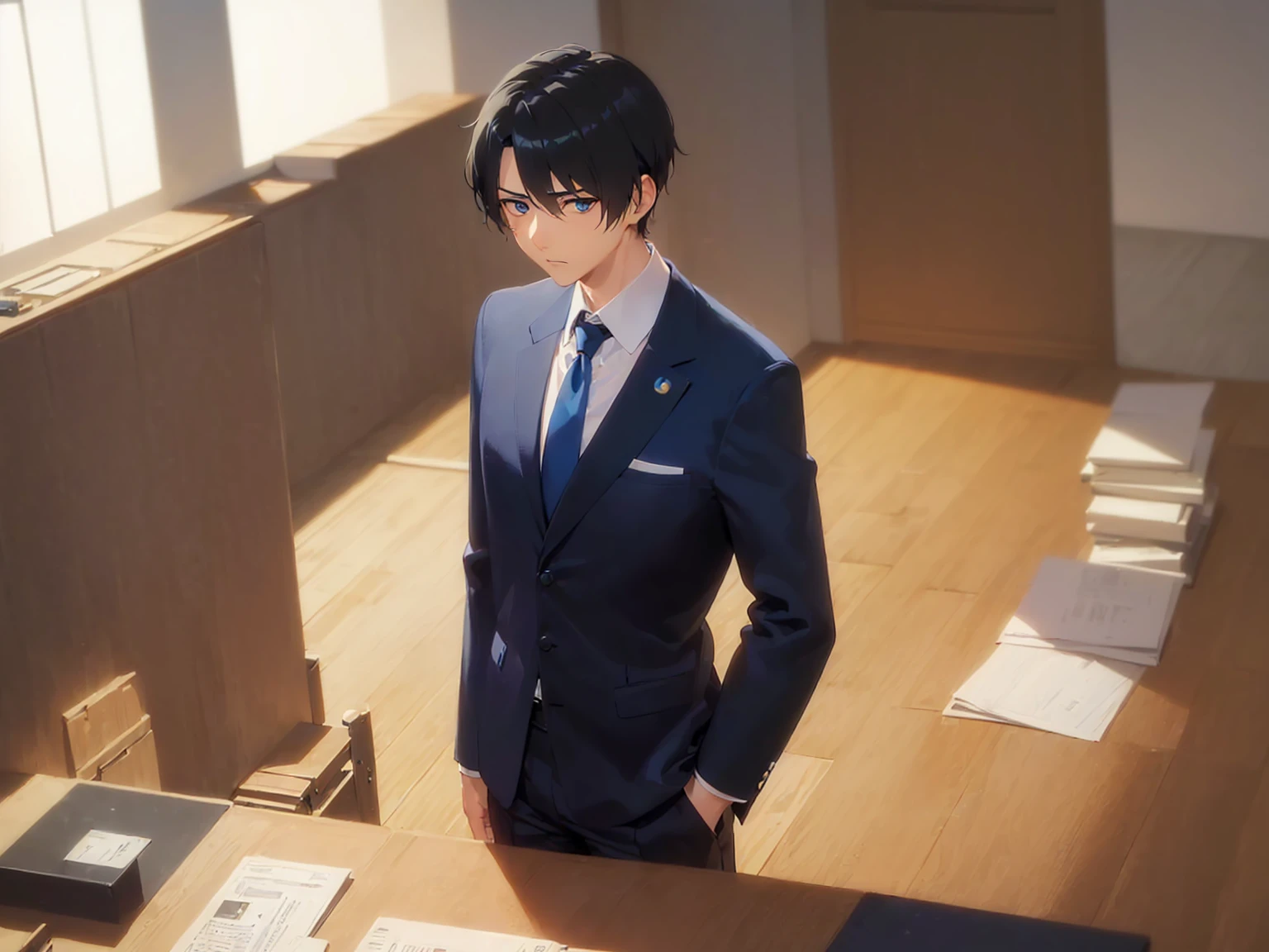 masterpiece、Highest quality、Back view、Shooting from behind、
(25-year-old male:1.5) and(Black short hair) and (blue eyes),
(suit:1.5) and (Blue tie)(suit:1.5) and (Blue tie)、
smile,The background is a tavern at night、Sitting、(alone:1.5)