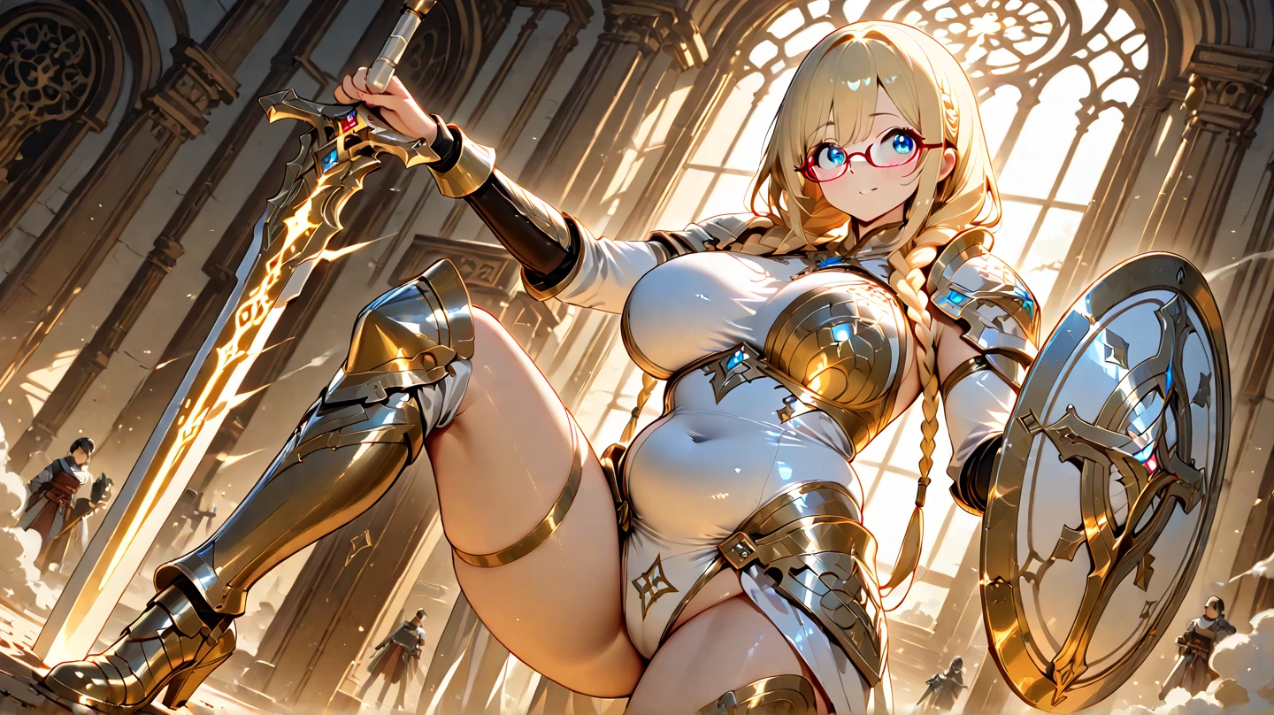 1girl, blonde hair, blue eyes, (white hairband), golden armor, ((naked breasts)), ((naked pussy)), (from below), ((looking down)), (scared), ((thick thighs)), ((hourglass figure)), ((cum on thighs))