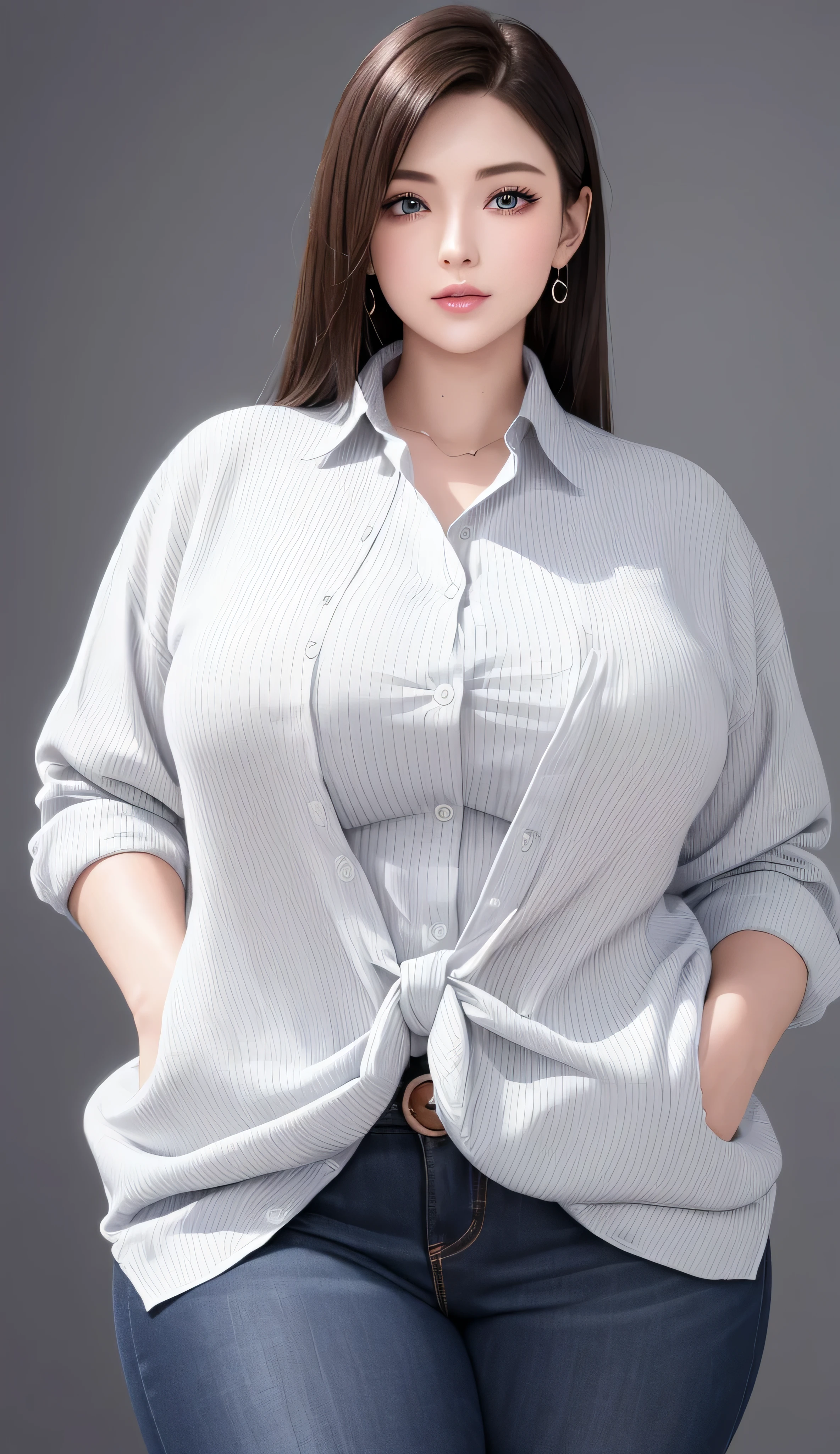 Matured Tifa Shorts, Standing at Attention, 25 Years Old, Charming and Fascinating Appearance, Large Framed and Big Boned Plump Body: 1.45, Muscular Plump Body, Balanced Vertical Straight Standing with Good Posture: 1.5, Wearing Collared Long Blazer Button-Down Striped Shirts and Light Color Jeans Pants, White-Grey Silk Clothes, Perfect Simple Vertical Striped Button-Down Long Shirts Details, Body Portrait from Head to Thighs: 1.4, Masterpiece, Ultra-Highest Quality, Super Realistic, Hyper Realistic, Ultra Detailed, Illustration, Intricate Details, Highest Resolution, 8K Wallpaper, Professional Natural Light, Sweet Fascinating Smile, Perspective, Seductive, and Attractive Appearace, Black Dark Long Waist Length Hair, Waist-Length Hair in Front, Perfect Smooth Hair Details, Ultra-Realistic Face, Perfect and Balanced Front Face Details, Jewelry Diamond Blue Eyes, Beautiful and Detailed Eyes, Perfect Captivating Eyes, Perfect Balanced Noses and Ears, Perfect Balanced Mouths and Lips, Best Facial Balnce, Perfect Detailed Fair Skin, Glowing Skin, Natural Breasts, Prefect Balanced Breasts, Wide Shoulders and Strong Arms, Perfect Balanced Horizontal Shoulders, Big Plump Waists, Big Strong Thighs, Perfect Waists, Best Thighs, Ultra-High Image Quality, Fine Grained Image Quality, Extreme Details, Professional Large Balanced Body, Grey Wall Background, Super Realistic Hands and Fingers Details, Exreme Hands and Fingers Details,