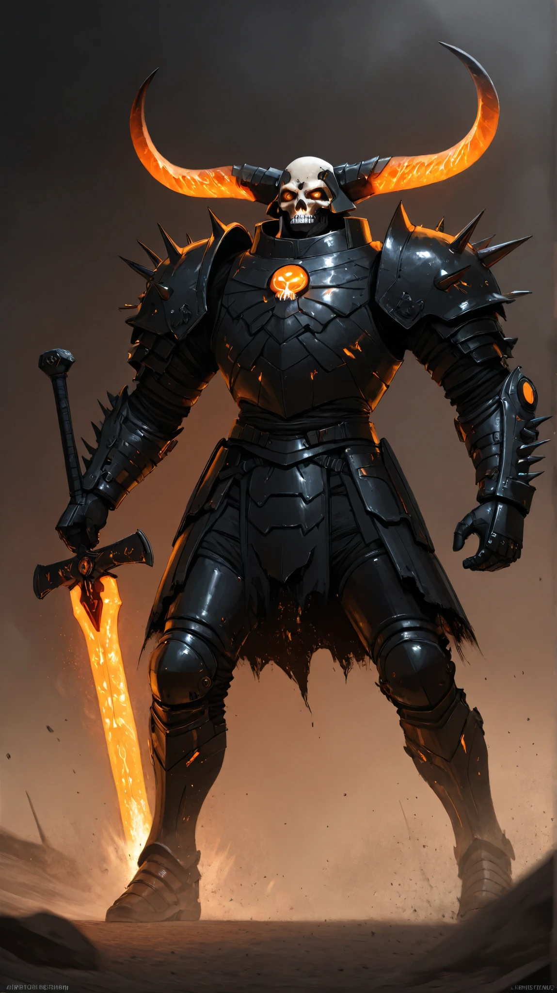 A large shadowy figure in full plate armor, standing among the remains of battle, dust drifting over the field, full body shot, extreme wide angle, insane detail, three-quarter shot.

A large skull faced helmet with two large horns jutting foreword, glowing orange eyes, intricate designs on back of gauntlets, huge maul planted on the ground, armor polished.

Dim light from the left, dark tones, gothic style, realistic, extreme realism, sci-fi, hyper resolution.