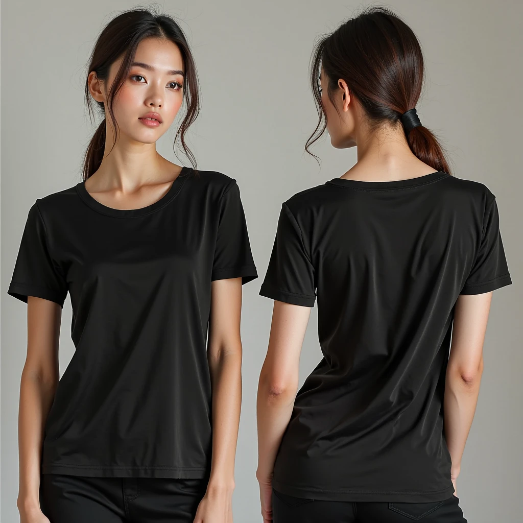 1 girl, staring viewer (bright flashy black t-shirt), (plain bright flashy black t-shirt), Instagram (photorealistic, high resolution: 1.4), ((puffy eyes)), full body (8k, RAW photo, best quality, masterpiece: 1.2), (realistic, photorealistic): 1.37), (soft focus: 1.2), professional lighting, photon mapping, Radiosity, Physically Based Rendering, (White Skin: 1.2), (Small: 1.2), Viewer's Gaze, (Middle Hair: 1.5), Portrait, Purple Eyes, (Silver Hair: 1.1), Bangs, (Simple Background: 1.4), Solo, Upper Body, Realistic, (Masterpiece: 1.4), (Best Quality: 1.4), (Glossy Skin), Fashion Girl, Makeup, Smile (Skinny, Mouth Closed, Shy: 1.3) , (standing, plain black T-shirt and jeans, necromancer: 1.1), medium bust, front standing, hands folded behind the back, white wall background, no need for a picture on T-shirt,