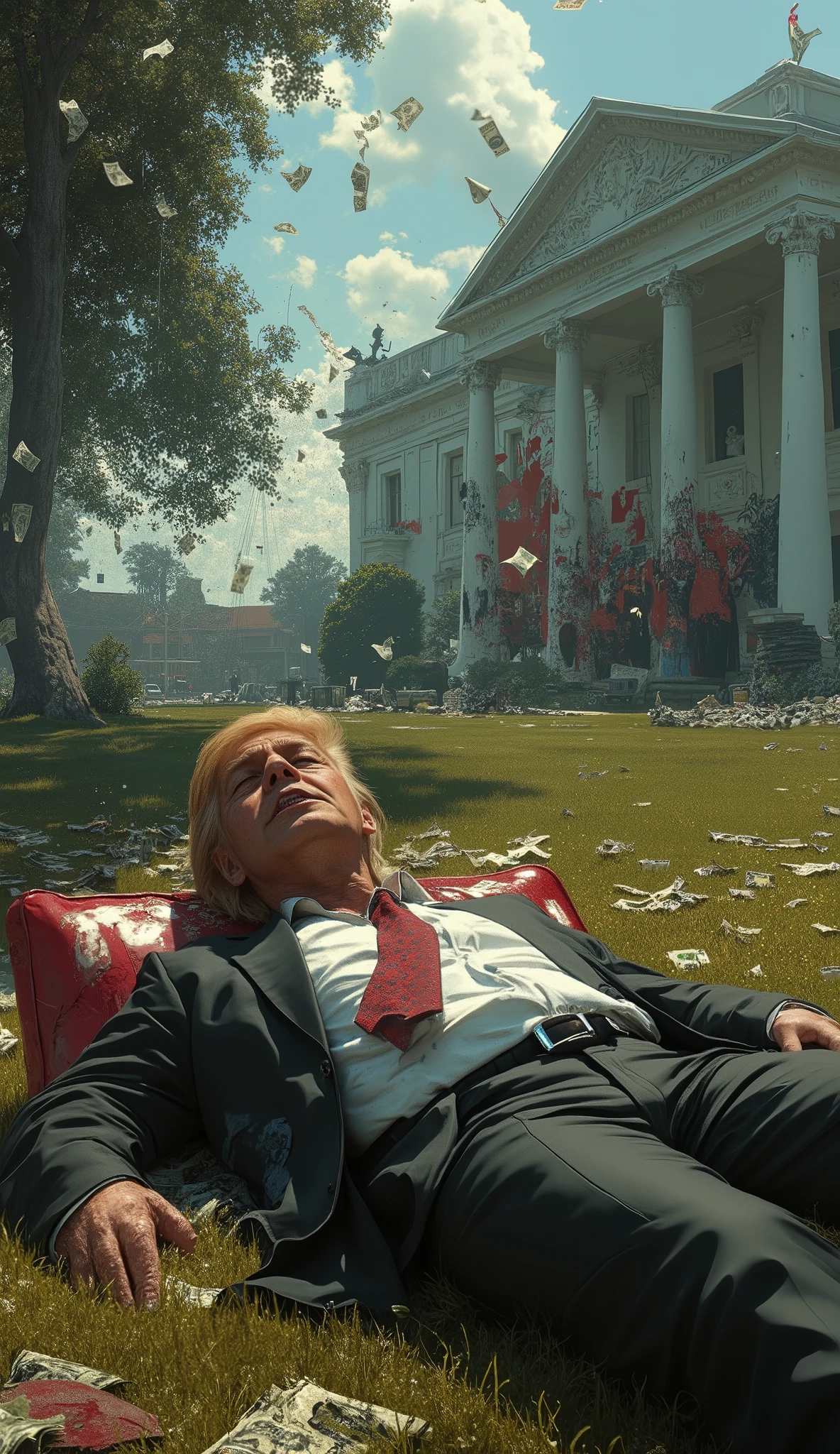 (tariff battle, Graffiti, bullet holes, (stolen bills falling:1.5), Generate a (GTA-style:1.5) tariff battle, Top quality, ultra fine, 16K, incredibly absurd, highly detailed, 2.5D, delicate and dynamic, A fat, blond white 83years old Mr.President of U.S.A lying on garbage dump of the Whitehouse after losing a tariff fight