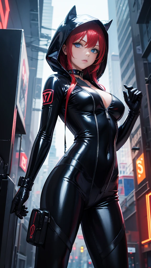 Black robot suit、Black Mini Skirt、Red hair、Red eyebrows、Super busty Z cup、Cleavage is out、Hairstyle Long Straight、Eyelid double、Cyberpunk style black gas mask、Big Ass、Nipples、Thick thighs、From the top of the angle、She beat you、Looking down on you。