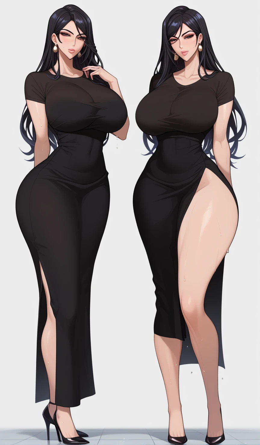 an image of a thin athletic sexy woman succubus in dirty torn tattered rags, fit woman, large round busty saggy breasts, she has three large breasts, triple tits, pale skin beauty, busting out large tits, barefoot with dirty foot wraps, busting out of dress, long stiff dirty hair,full body in view, small tight waist, sexy thick squishy thighs, tapered hips, tear drop shaped culito ass,she has horns on her head, black lips, black pupils, black sclera , black sclerosis, black nail polish on finger nails and toenails