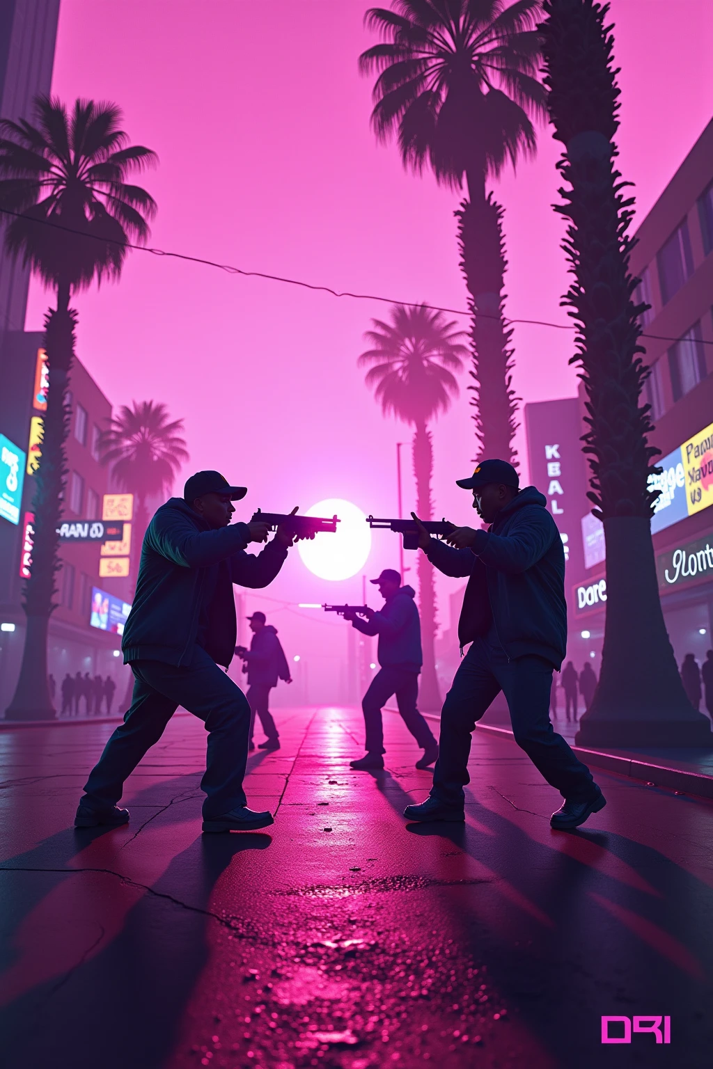 vaporwave, 80's los angels, parm tree, street at sunset, neon light, GTA, gang, gang battle, purple and pink,