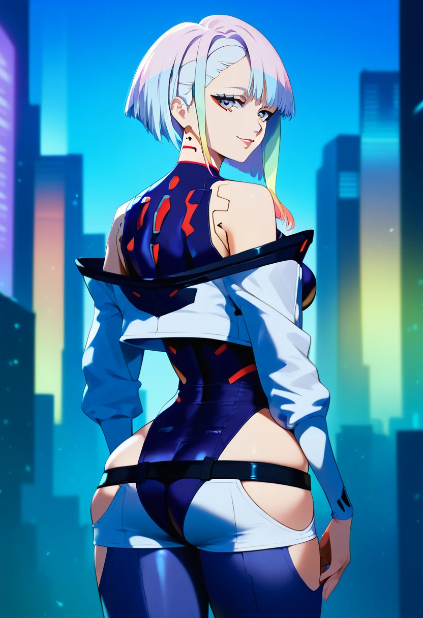 masterpiece, best quality, lucy \(cyberpunk\), bob cut, short hair, asymmetrical hair, multicolored hair, 1girl, solo, pale skin, red lips, detached sleeves, beautiful eyes, outdoors, looking at viewer, beautiful and aesthetic, official art, professional illustration, hires, amazing, absurdres, full body.