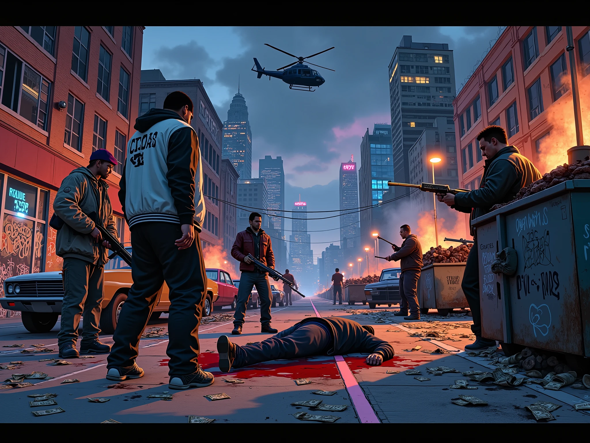 An intense, gritty depiction of gang warfare in Los Santos, styled in the iconic aesthetic of Grand Theft Auto. The scene is drenched in chaos: graffiti-covered walls marking gang territories, bullet holes riddling abandoned cars, and smoke rising from burnt-out dumpsters. In the foreground, rival gang members clash—one group dressed in baggy streetwear with bandanas and wielding automatic weapons, while the other gang wears leather jackets and sunglasses, armed with shotguns and crowbars.
The streets are littered with debris—scattered money, shattered glass, and empty shell casings gleaming in the dim light of streetlamps. A ‘Wasted’ moment unfolds at the center, as a fallen gang member lies sprawled on the ground with blood pooling beneath him, while his comrades continue to fight fiercely.
The backdrop features towering skyscrapers illuminated by neon lights, contrasting with the gritty, dark alleys below. A police helicopter circles overhead, its spotlight cutting through the smoke, as sirens wail in the distance. Style: dark, cinematic, and action-packed, embodying the chaos and intensity of gang warfare in Los Santos.