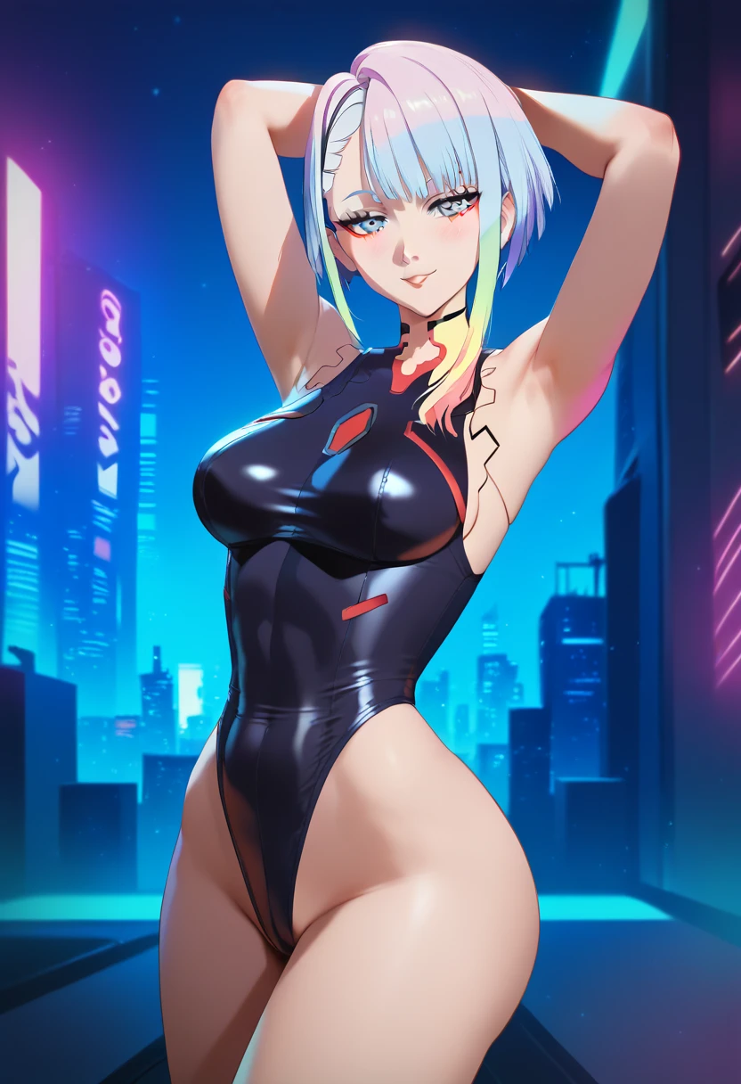 ((masterpiece, highest quality:1.2)),cowboy shot,1woman,20 year old beauty,solo,((very small head)),short hair,messy hair,light blue hair,blue eyes,blunt,((very long and slender body)),toned body,skinny,medium breasts,shiny skin,oily skin,blush,smile, BREAK ,Red rider suit、 High leg、white_thighhighs、 BREAK ,Get on a bike、Harley Davidson、on street,Big cities、Cyberpunk World、