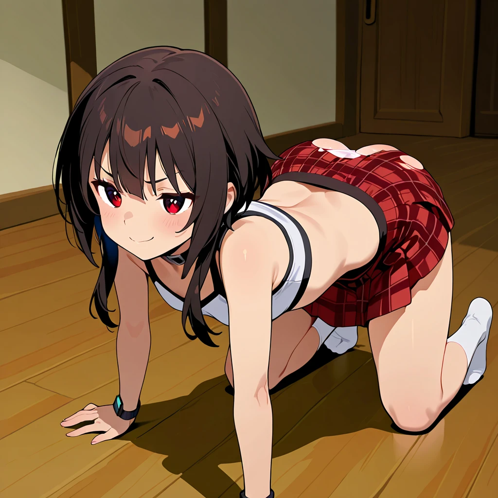 Highest quality, High resolution, 1.female, Delicious On all fours Black eyes Cute Looking down Naked Small breasts Short hair, Black Hair, seiza, Full body Eating dog food like a dog Collar Male Bukkake