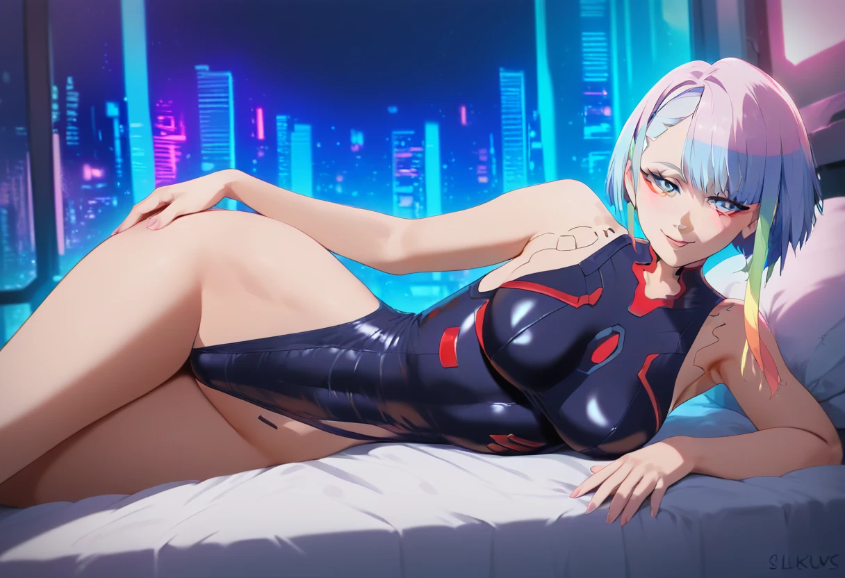 masterpiece, best quality, highres, lu1, cyborg, multicolored hair, makeup, bare shoulders, black leotard, highleg leotard, thong red, bathroom, cyberpunk, bed, sitting, wariza, reaching out, smile, holding breast, out breath, blush, shower