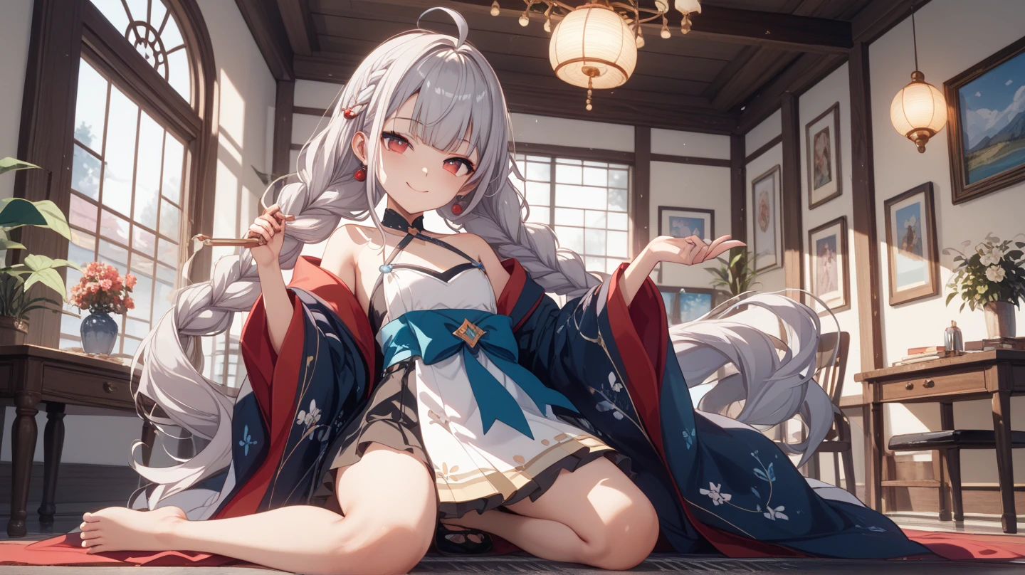 (8K, Highest quality, Masterpiece:1.3)), Ultra high quality, (1 girl, 1 person), (Color changing eyes, Ultra detailed, Expressive glow, Sparkling eyes), Very detailed eyes, Very detailed face, Random hair, (Silver gray color), Exposed, Split seat, Elegant Japanese clothing, Silk, Satin, Red, Gold, Angle from below, (Cute panties:1.3), (Ecstatic expression:1.4), White skin, Seductive, Cleavage, Wet panties, Japanese room