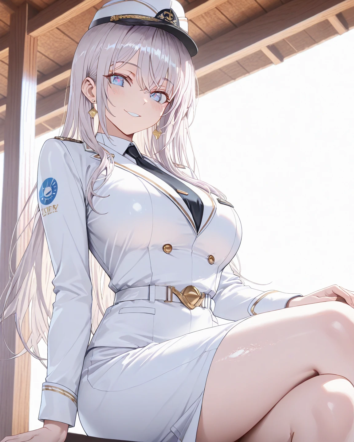 masterpiece, best quality, high res, perspective, 1girl, (sharp focus), looking ahead, blue eyes, medium breasts, ahoge, hair ornament, twin braids, necktie, halo, bangs, hair between eyes, blue eyes, shirt, skirt, smile, white police uniform, open mouth, hat, blue shirt, (white jacket:1.1), belt pouch, silver hair, black stockings, salute, hand on own hip, white background, one eye closed