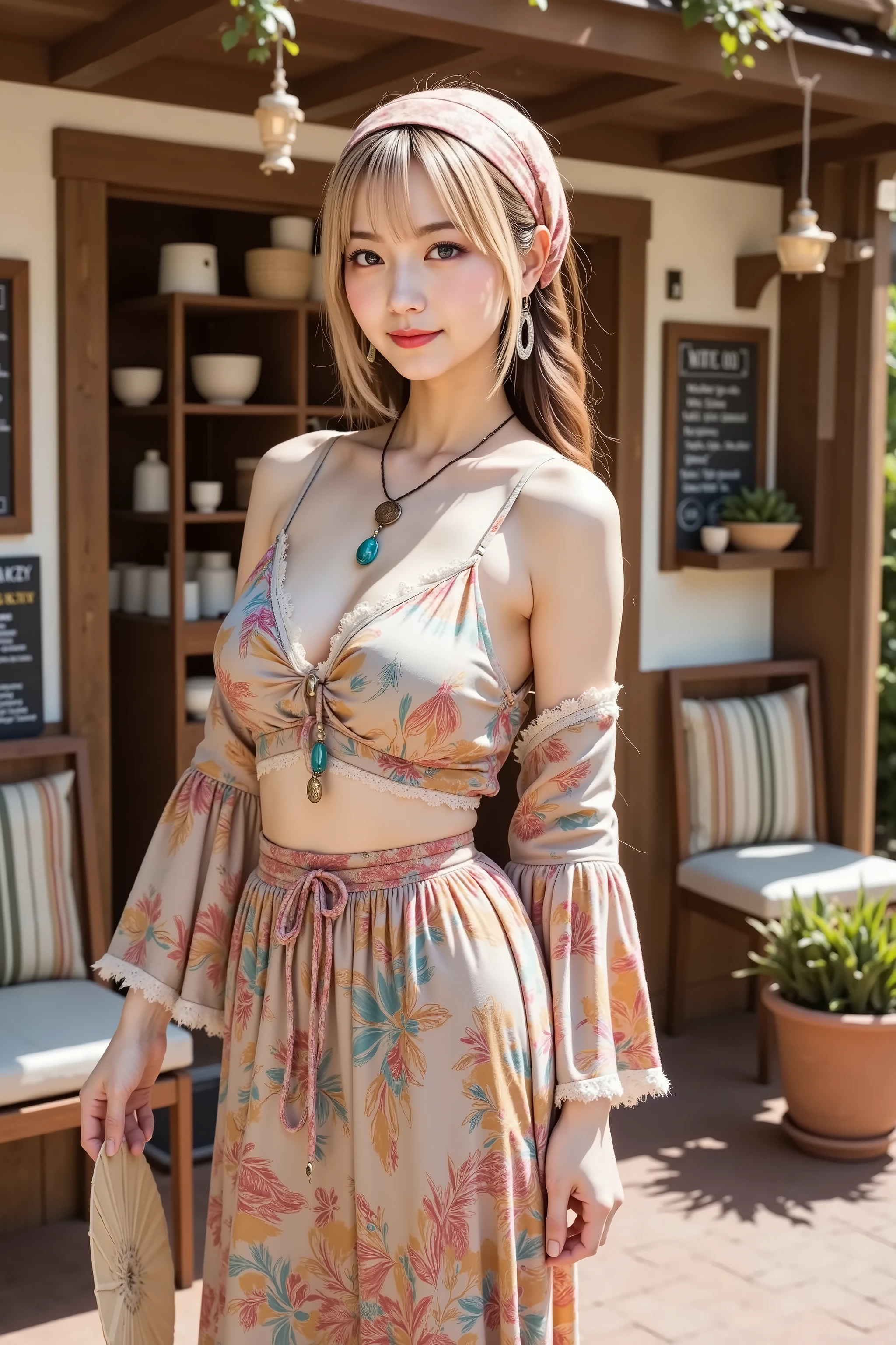 sakura, huge breast, by adjusting the framing so the subject's full head is visible within the composition, with the crop showing only from just above the bust to slightly above the top of the head. Ensure there is a comfortable amount of background space above the head to establish spatial context. A bohemian-inspired outfit composed of a flowing, earthy-toned ensemble designed for comfort and artistic flair. The top is a cropped, off-shoulder piece secured by thin straps, with detached bell sleeves that reach the wrists. The fabric displays swirling motifs in warm tones of terracotta, teal, mustard, and rose, evoking a sun-aged texture. Ruffled hems enhance the neckline and sleeve edges, contributing to a soft silhouette. A coordinating long skirt ties at the waist with a wide sash in the same patterned material. The skirt flows to the ankles in airy layers, swaying gently and catching light along its pleats. Accessories include layered necklaces with turquoise beads, bronze discs, and nature-inspired pendants, along with leaf-shaped earrings. Her blonde hair is styled in loose waves with a thick braid wrapped in a patterned headscarf, accented by small dried flowers. In one hand, she holds a fan with lace trim and soft feather edges, offering both charm and shade. The setting is a sunlit artisan market framed by wood beams and rustic architecture. Shelves and tables behind her hold handmade pottery, clay jars, woven baskets, and glass bottles. A chalkboard menu and painted wooden signs mark the shop entrance. Wooden chairs with striped cushions and small tables sit beneath hanging herbs and flowers, casting soft shadows across the tiled floor. Terracotta pots with green plants are arranged near the doorway, and twine-strung ornaments sway gently in the breeze. Golden sunlight fills the space, highlighting textures of fabric, wood, and clay, creating a mood of calm and creative charm.