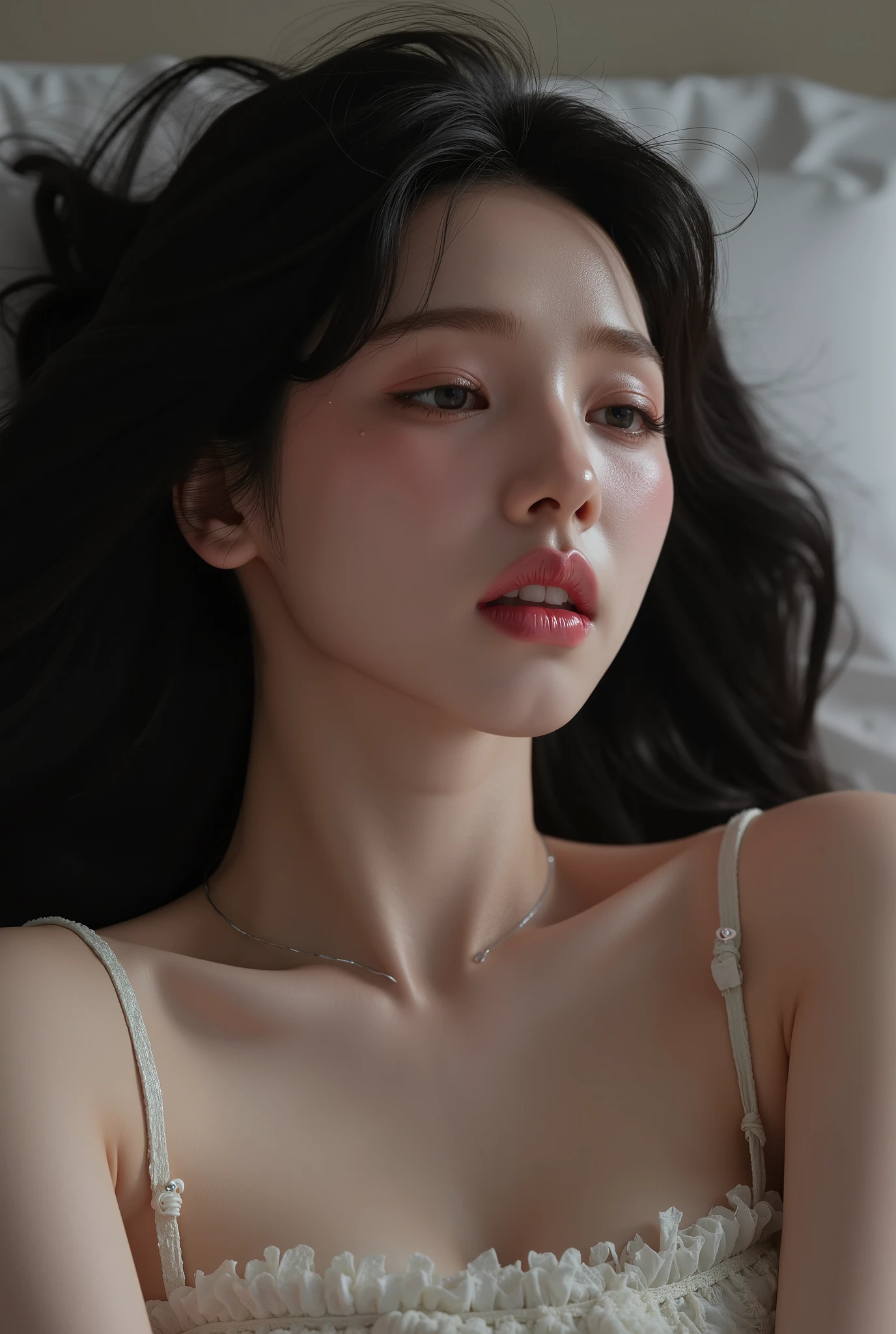 ((( real、live-action、reality、High image quality)))do, best quality , ( High Definition CG Unity 8K Wallpaper ), ( best quality ), edge orgasm 、 face focus 、 woman with her mouth open and eyes closed 、korean women with an edge_face、long black hair、 on the bed、((sweat) ),((Skin that shines with sweat))((The collarbone shining with sweat,Face that shines with sweat)),((Sweat-drenched skin))((The skin wet with sweat)),