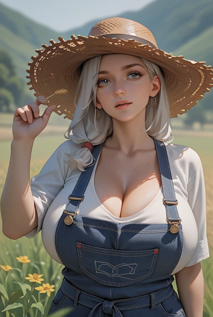 1gir,lelf,farmer girl,wearing straw hat,wearing red gloves,blondehair ,blue ayes,big butt,big boobs, detail background, detail foreground,sharpen foreground,high res,hyper realistis, ultra detail