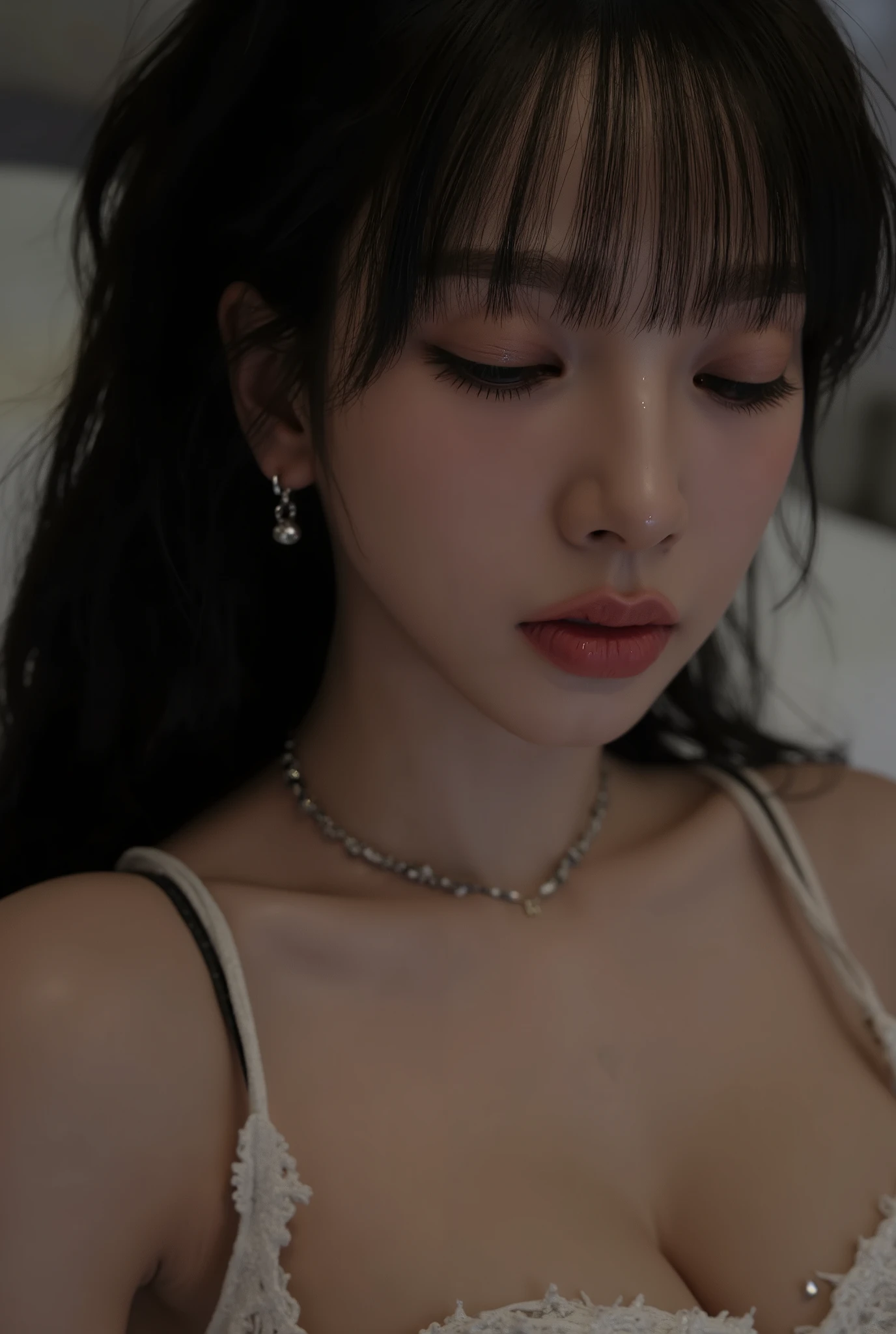 ((( real、live-action、reality、High image quality)))do, best quality , ( High Definition CG Unity 8K Wallpaper ), ( best quality ), edge orgasm 、 face focus 、 woman with her mouth open and eyes closed 、korean women with an edge_face、long black hair、 on the bed、((sweat) ),((Skin that shines with sweat))((The collarbone shining with sweat,Face that shines with sweat)),((Sweat-drenched skin))((The skin wet with sweat)),