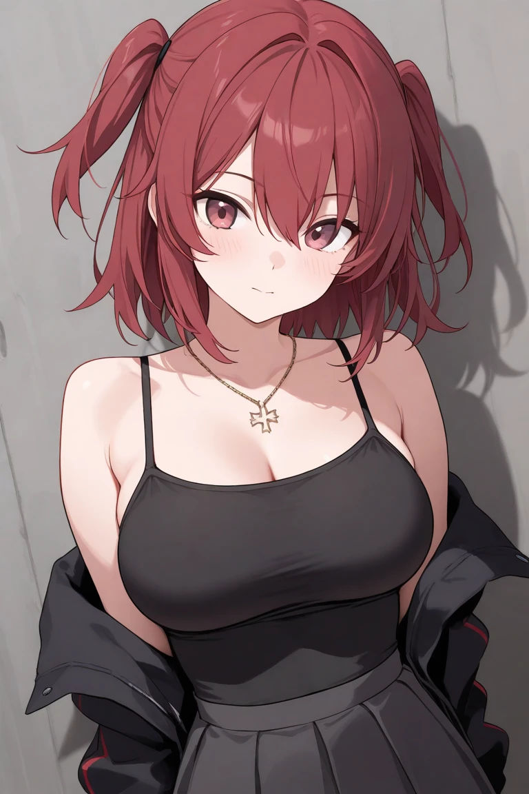 4K, 8 k, Masterpiece, Best quality, Upper body, 1girl, Looking at the viewer, Red poetry, Medium hair, Purple eyes, devil horns, black coat, Inside, dim light, The actress' age is 23 years., open bust
