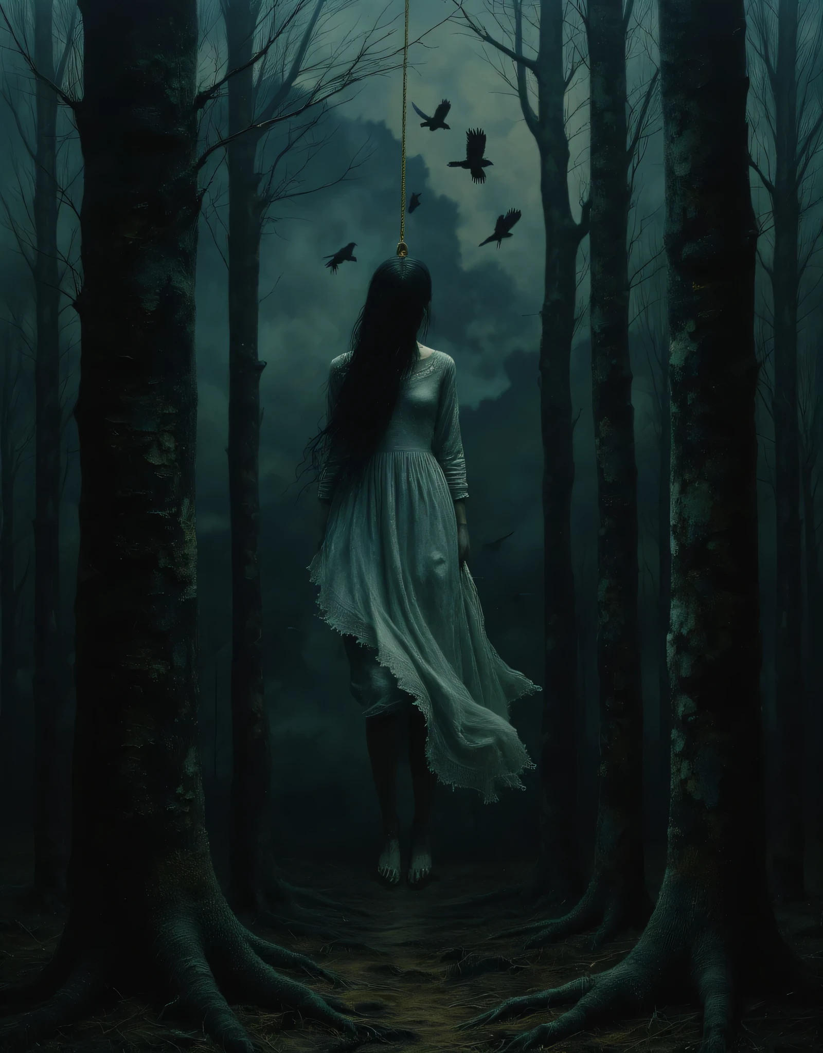 ((best quality)), ((Masterpiece)), (Highly detailed:1.3),  A girl with long black hair dressed in a white nightgown hangs with a rope around her neck from a tree in a dark and gloomy forest, with several crows flying around her, (very complex and realistic texture: 1.2), (best quality, 4k, 8k, high resolution, Masterpiece:1.2), ultra detailed, (realistic, photorealistic, photo-realistic:1.37),