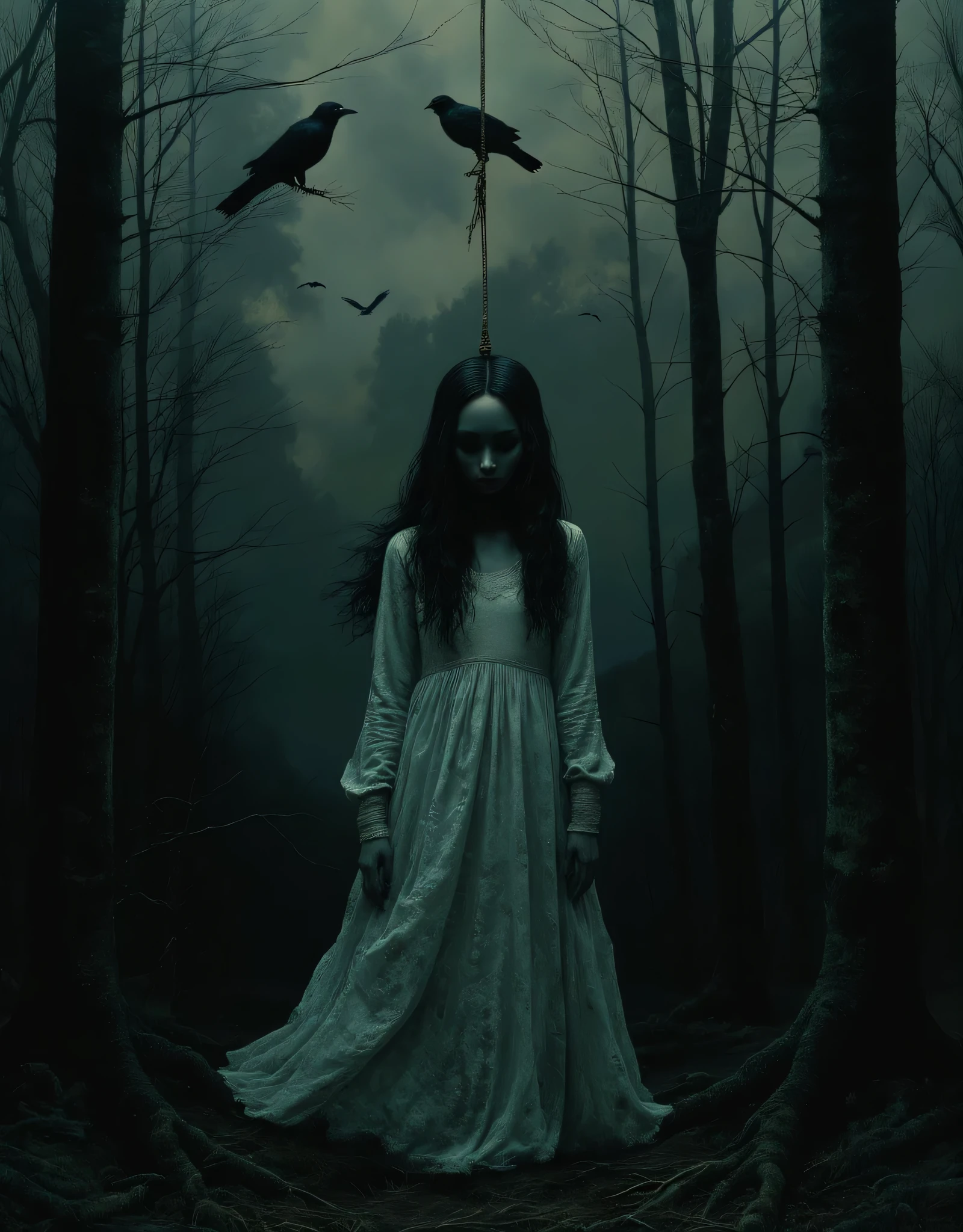 ((best quality)), ((Masterpiece)), (Highly detailed:1.3), A girl with long black hair dressed in a white nightgown hangs with a rope around her neck from a tree in a dark and gloomy forest, with several crows flying around her, (very complex and realistic texture: 1.2), (best quality, 4k, 8k, high resolution, Masterpiece:1.2), ultra detailed, (realistic, photorealistic, photo-realistic:1.37),