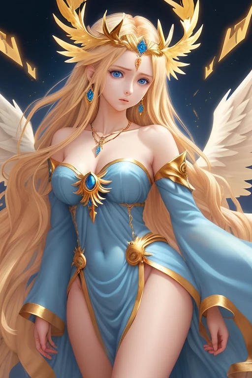 Qian Renxue, Young woman, deityธิดา, six wings, Golden wings, angel wings, long blonde hair, open forehead, crown forehead jewelry, crown on back of head, The eyes are detailed., light blue eyes, big breasts, light purple dress, golden chest armor, silver forearm armor, ดาบdeityสีทอง ยืน, Perfect Body, Beautiful thighs,solid frontal armor, high-heels, deityนิยาย, deity, realistically, sky, An expressionless expression., Standing, view