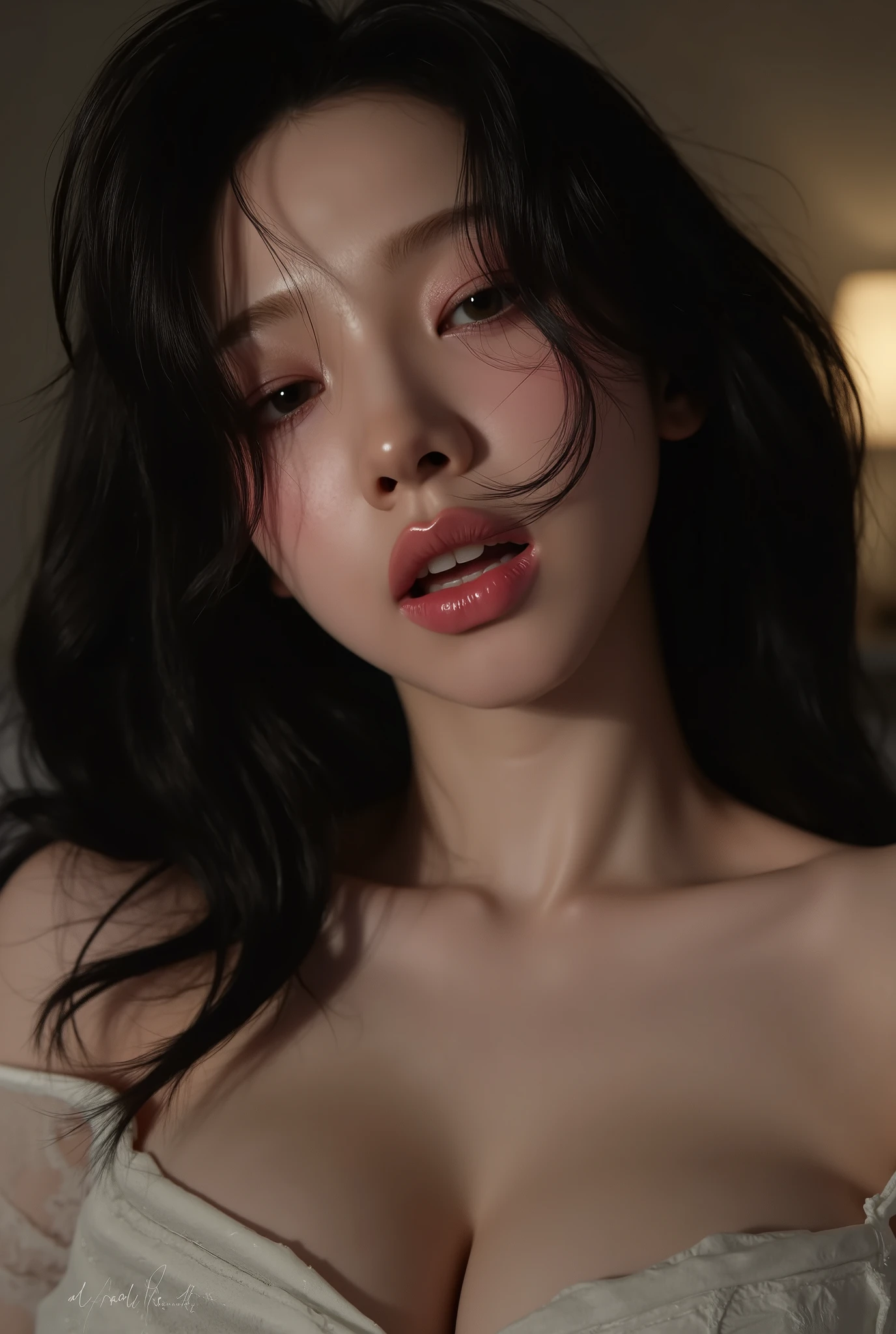 ((( real、live-action、reality、High image quality)))do, best quality , ( High Definition CG Unity 8K Wallpaper ), ( best quality ), edge orgasm 、 face focus 、 woman with her mouth open and eyes closed 、korean women with an edge_face、long black hair、 on the bed、((sweat) ),((Skin that shines with sweat))((The collarbone shining with sweat,Face that shines with sweat)),((Sweat-drenched skin))((The skin wet with sweat)),