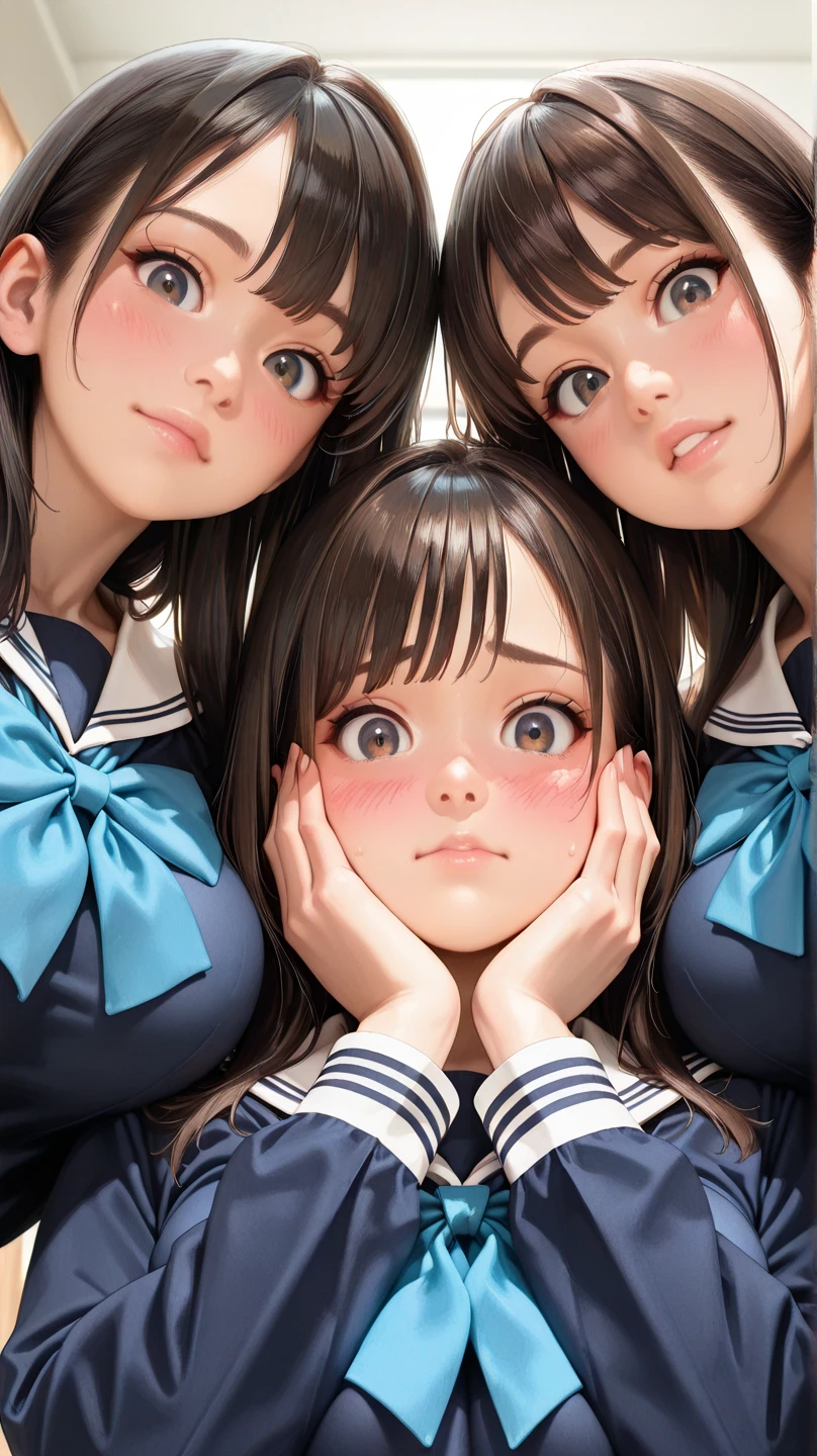 Highest quality、High resolution、Detailed Background、(Beautiful face in every detail:1.4)、Anatomically correct、Detailed facial expressions、Teenage beauty、Highly detailed face、(Huge breasts:1.2)、cute hair color、Bobcut、ponytail、cute hairstyle、well-groomed eyebrows、Perfect body line、School classroom、JK Uniform、(A shot from below of three beautiful girls looking at us with cold eyes:1.5)、Close up from below、look at me with cold eyes、glare、cute