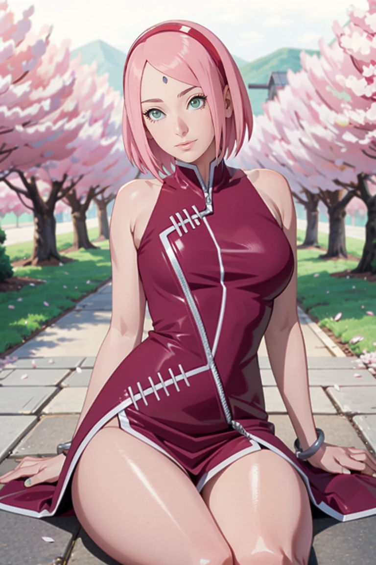 tmasterpiece, Best quality at best, 1girll, Sakura Haruno, Large breasts,Off-the-shoulder attire,(cleavage),(upperbody closeup),Raised sexy,is shy,ssmile,with black hair,short hair, (Green eyeballs:1.4), Forehead protection, the cherry trees,Cherry blossoms flying,Red clothes,Zipper half, sitting on the ground