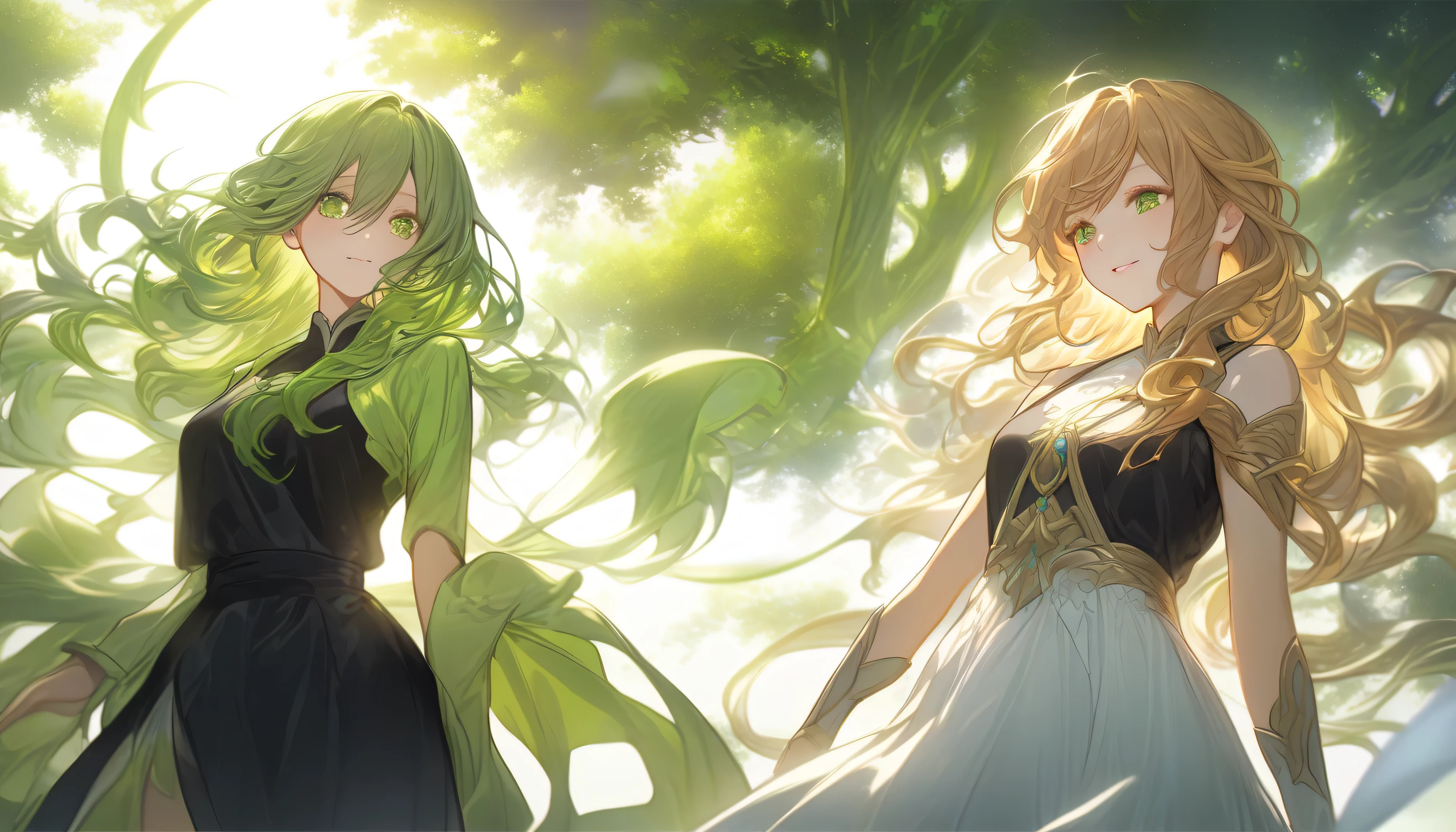Green tree々がbackground,The sun shines brightly in a clear sky,(Normal number of fingers:1.3),(Green tree々There are 2 girls beside:1.5), The two gods 々 each face is delicate and beautiful ,facing the front,both have a mystical atmosphere like heavenly beings,Their gaze attracts viewers, They exude supernatural appeal, in the background , has golden wavy hair , and the other has deep, dark, lacquered hair , her hair flows gracefully on her shoulders , beautiful women stand side by side ,and they are each wearing a white dress and a black dress, soft, fantastic light illuminates them,((background:1.3)(Upper body above the waist:1.1),Figure above the knee,top quality, high resolution,( HD:1.2), masterpiece, detailsなbackground,age beauty,( 非常にdetailsな顔:1.2), detailed expressions ,( details:1.2),altitude 2,