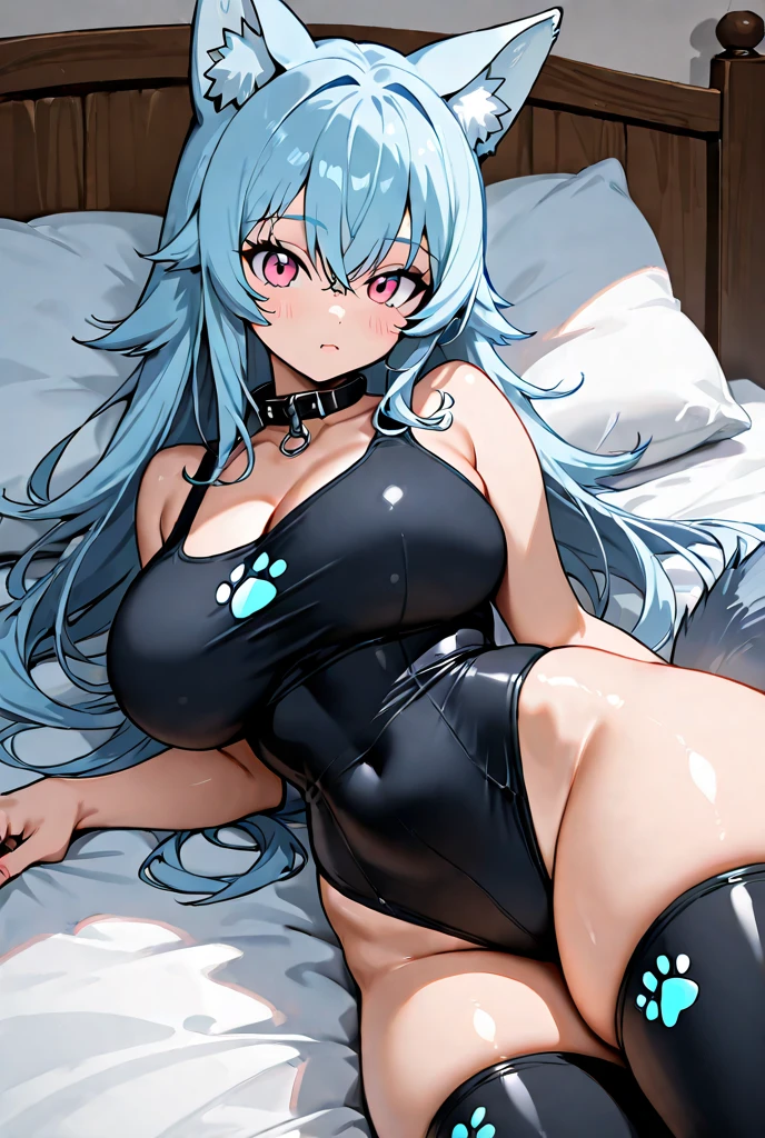 Happy woman, with wolf ears and blue hair, holding her cheeks, wolf tail, wearing a latex dress, looking at veiwer, full body, you can see her chest, naked breasts