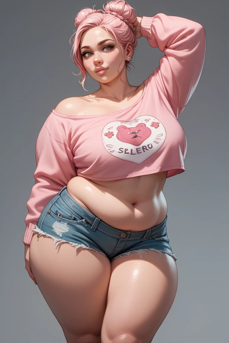 ((Best Quality)), ((masterpiece)), (detailed), 1 girl, off shoulder sweater, 1 girl, (((women, pretty face))), (Beautiful skin), (innocent face), (perfect naru, big, pretty eyes, outlined eyebrows, maduro, beautiful hairstyle, colorful hair, well done (women ), ((((Whole body)))), curves, ((((microfalda)))), Hyper realistic, hiper detailed, Súper detailed, intricate details, High resolution, official art, beautiful and exquisite face, High resolution illustration , 8k, big breasts, Breast augmentation, increasing of buttocks, masterpiece, ((((women)))), (curves), Nice smile, ((wide buttocks, Wide hips, thick legs, big breasts, soft buttocks )), (thighs), High heels, (( shackles))