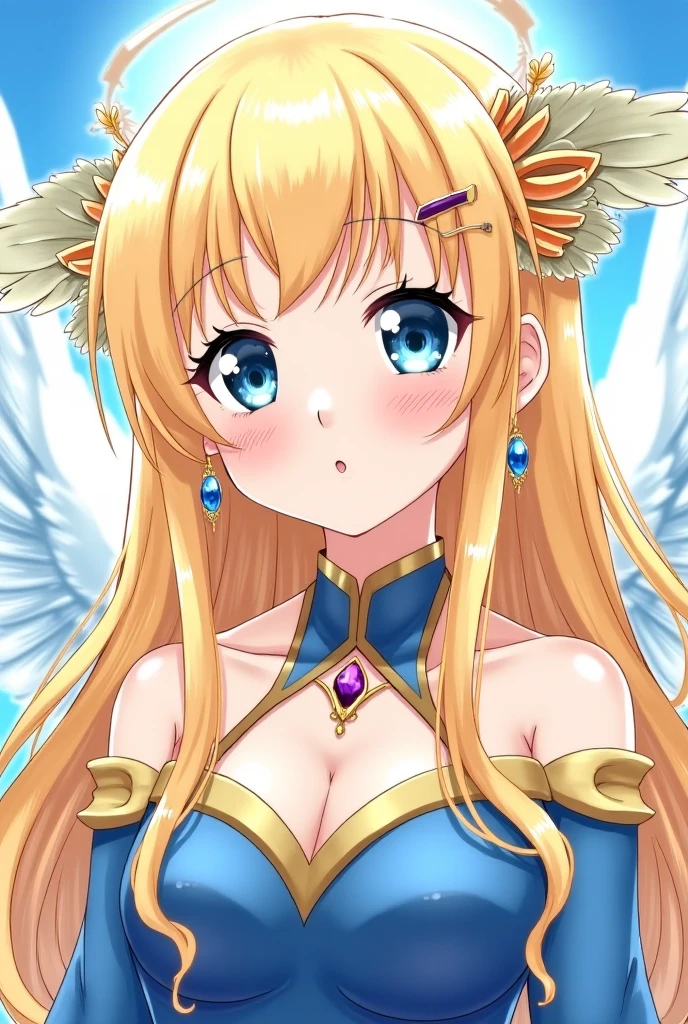 (best quality,4k,8k,highres,masterpiece:1.2),ultra-detailed,(realistic,photorealistic,photo-realistic:1.37),angel costume,golden shining wings,beautiful detailed face,curly long blonde hair,big sparkling blue eyes,glossy pink lips,tall slender figure,perfect hourglass shape,graceful and elegant posture,heavenly aura,surrounded by ethereal light,fluffy white clouds,glowing halo hovering above her head,lush green garden with blooming flowers,butterflies flying around,serene and tranquil atmosphere,vivid colors,soft and warm color tones,soft natural lighting,subtle shadows enhancing the depth and dimension of the scene,angelic singing in the background,creating a sense of peace and harmony.