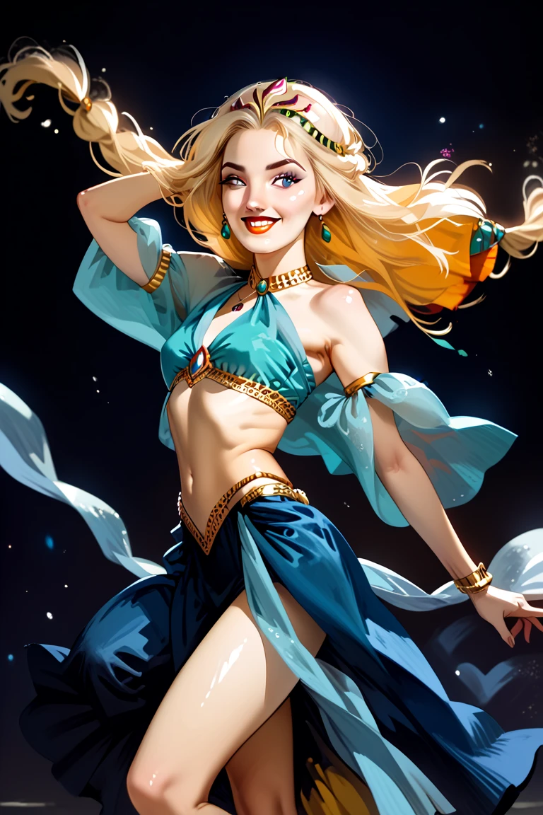 Gorgeous Indian woman in blue bikini and gold jewelry is dancing in the desert.,