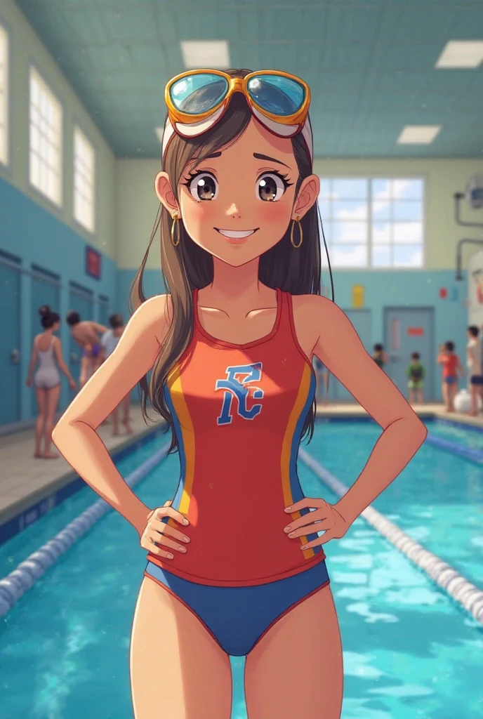 4k quality, masterpiece, detailed face, beautiful eyes , asuka tanaka, cheerleader uniform, smile, dark hair, blue eyes, medium breasts,glasses, sweaty armpits, armpits visible, detailed armpits