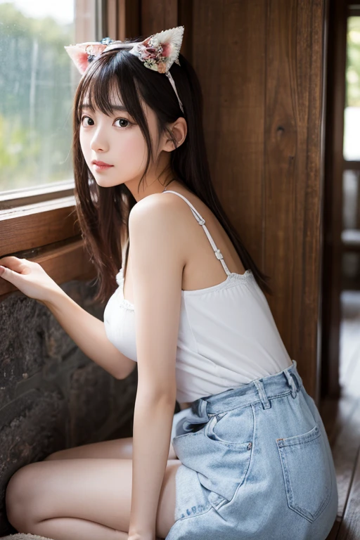 Close up portrait of green-haired woman in white tank top and leather miniskirt, with black braided pigtail,Full body posture、knees up、water dripping、White panties are visible、、White shorts、It's wet、4 gorgeous model, goddess of Japan,Beautiful belly button、beautiful thigh、Beautiful calves、Beautiful waki、Beautiful、Beautiful ass、 beautiful Girl, real life anime girl, Anime girl cosplay, Traditional beauty, trending at cgstation, Seductive Anime Girl, beautiful goddess, a beautiful fantasy empress, young and cute girl, Good young girl, very beautiful cute catgirl
