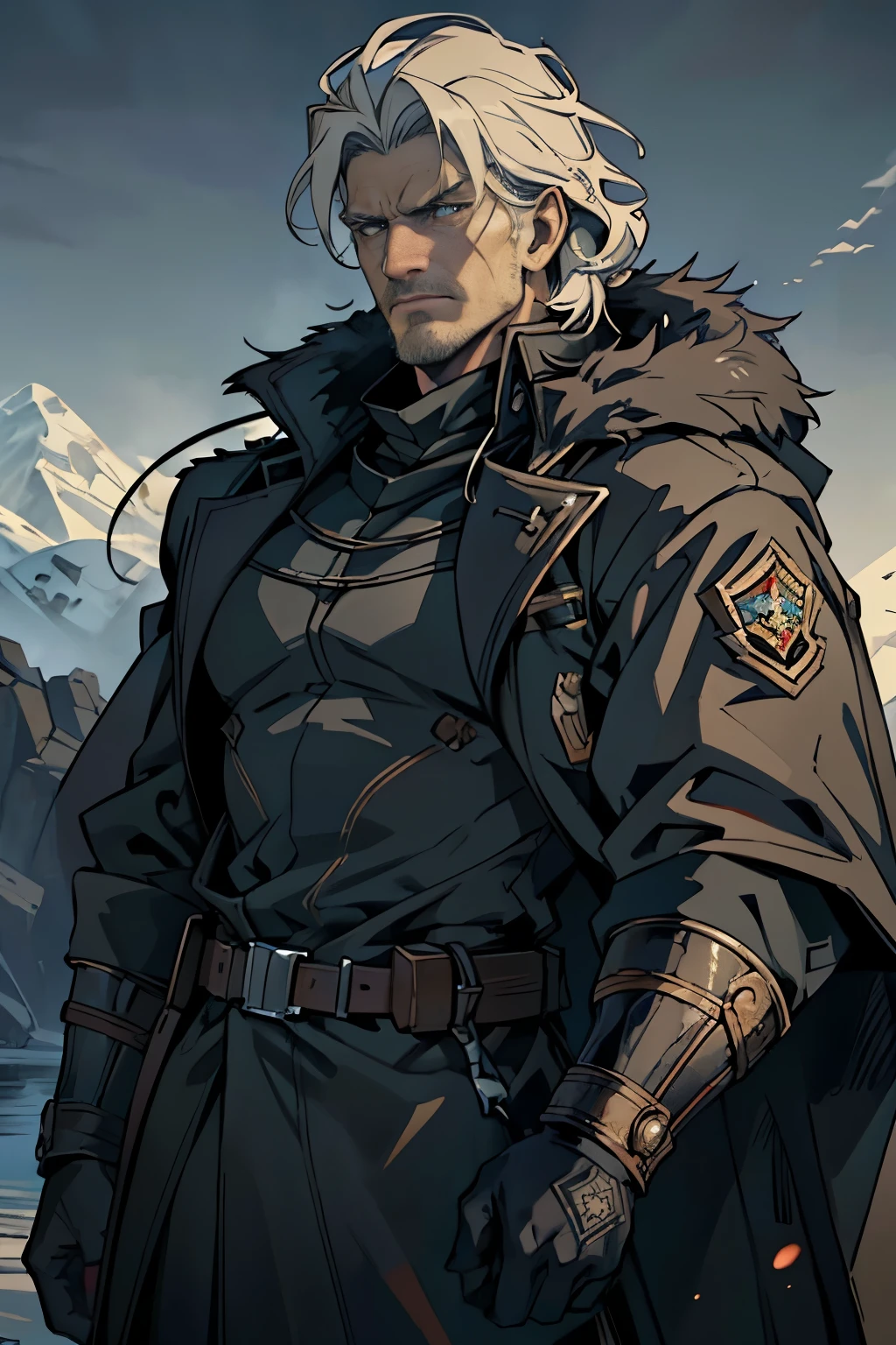((Best quality)), ((masterpiece)), ((realistic cartoon)), ((perfect character)):

In this stunning and highly detailed realistic cartoon, we present a male human. The man stands tall, strong healthy old man, he has pale skin, stoic face, and he's a psyker and soldier, and powerfully built, and long raven black hair, he had black eyes, wore a old military unifirm from word war I, he have black lion skin coat over his shoulder, and had a strong balanced muscle body.


Every element of this masterpiece is carefully designed to create a sense of realism and immersion. The intricacies of the man's clothing, the mesmerizing effects of the area around him and he was in landscape in winter season, and the level of detail in his weathered face all contribute to a captivating visual experience. This artwork is presented in stunning UHD resolution, allowing you to appreciate every nuance and intricacy in breathtaking detail.

Eye level, scenic, masterpiece.