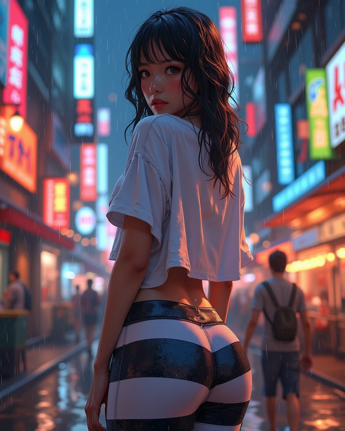 girl spacepunk,(((1girl))),((beautiful girl with bright and luminous cat ears)),
(large breasts:1.4),saggy breasts,((((black hair,black messy hair,colored inner hair,large hair,absurdly long unkempt hair:1.35,long black hair,ear breathing)))),((((cat ears,cat ears on head,big cat ears, glowing cat ears:1.5)))),(((pink eyes:1.3,upturned eyes:1.3,perfect eyes,beautiful detailed eyes,finely detailed beautiful eyes:1,symmetrical eyes:1))),((fat)),(((lustrous skin:1.5,bright skin: 1.5,skin tanned,shiny skin,very shiny skin,shiny body,plastic glitter skin,exaggerated shiny skin, illuminated skin, wet legs))),(spider lower abdomen,narrow waist,wide hip,athletic body,inflated legs,delicate detailed fingers,detailed body,human hands,(detailed face)),
cute,slutty,seductive,erotic,(((nsfw))),
zettai ryouiki,revealing clothing,show skin,((((underboob)))),(cleavage),(semi-naked,with little clothing,((tiny thong)),bare legs,visible thong straps),((((crop top hoodie,cropped hoodie,hoodie,hoodie intricate)))),((wet clothes,detailed outfit,detailed clothes)),
(dynamic pose:1.0),solo focus,embarrassed,centered,scale to fit dimensions,Rule of thirds,
((((cyberpunk city by the ocean,huge buildings,neon signs,puddles)))),stormy sky,threatening sky,dark clouds,((synthwave background theme,detailed background : 1.25)),((((night,nice lighting decorations,detailed architecture)))),
(best quality,high resolution,sharp focus,ultra detailed,extremely detailed,extremely high quality artwork,(realistic,photorealistic:1.37),8k_wallpaper,(extremely detailed CG 8k),(very fine 8K CG),((hyper super ultra detailed perfect piece)),flawless,(((masterpiece))),illustration,vibrant colors,(intricate),High contrast,Selective lighting,Double exposure,HDR (High Dynamic Range),Post-processing,Background blur,