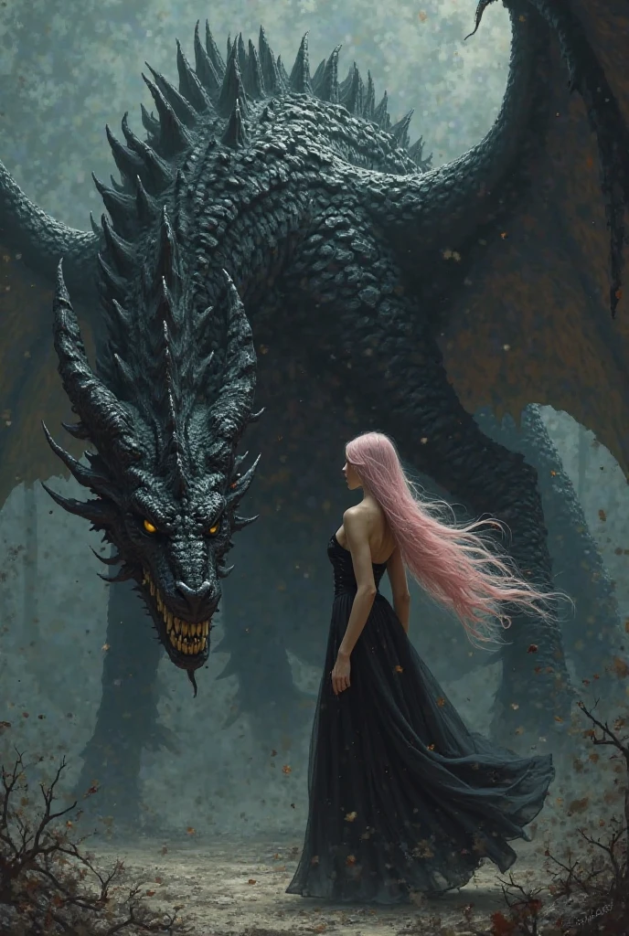 Create a dragon (a dragon like the ones from house of the dragon) create a completely black dragon and it has emerald green eyes and is big and scary, in front of this dragon there will be a girl with long, curly, platinum hair/whites and she will be wearing a black and red medieval dress