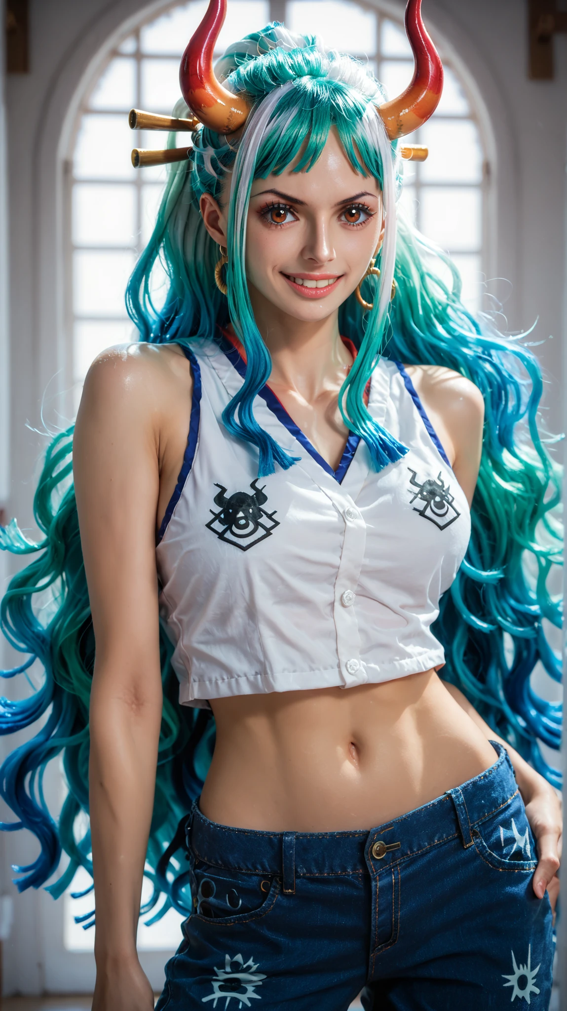 Yamatowanpi (multicolor hair: 1.2), light green hair (best quality: 1.0), (highly detailed: 1.0), (1 girl: 1.3), score_9, score_8_up, score_7_up, score_6_up,yamato \(one piece\), Yamatowanpi (multicolor hair: 1.2), light green hair (best quality: 1.0), (highly detailed: 1.0), (1 girl: 1.3),yamato (one piece), solo, 1girl, jeans shorts, sleeveless tshirt, smile, simple background, Asian, cute, beautiful (26 years old), toned stomach, horns,