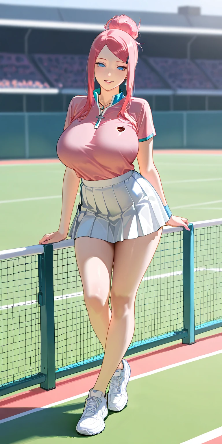 Christina Hendricks, long red hair, sunny day, dramatic cloudy skies, on tennis court, two girls, duo, sisters, in tennis uniform, pleated mini skirt, topless, no shirt, naked breasts, bare belly, groping breasts, squeezing breasts, (squeezing breasts:1.5), gigantic breasts, (gigantic breasts:1.5), curvy figure, suggestive pose, lots of cleavage, obese belly, (obese belly:1.5),