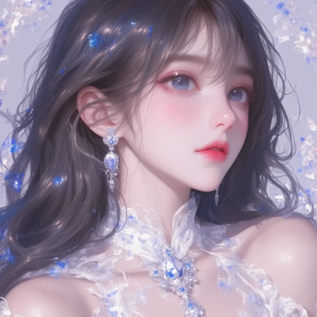 animesque,Illustration of a girl,Clear skin,Brown eyes,Red Lipstick,Graceful posture,Soft smile,Flowing hair,Crystal clear glass in her hands,The liquid in the glass shimmers mysteriously