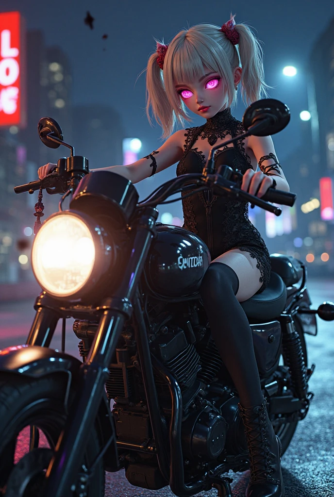 masterpiece, Best Quality, Angle elevation, Cyberpunk City, 1 girl, alone, Pale skin, cat ears, purple and black hair, cybernetic arms, cyborg, Neon lights on their clothes and cybernetic augmentations, 3D, hyperrealistic, realist, young girl, sexy, beautiful face, cat ears cyberpunk, cyberpunk style, beautiful, striking, autophoto, Neon lights, intricate details, soft skin, hyperrealistic, side glance, foreshortening, Extremely detailed 8k, seeds, High resolution, ultra quality, very detailed cat eyes, very detailed mouth, Very detailed face, Perfect eyes, the eyes are like those of a cat's, true light, Glare, iridescent, global illumination, real hair movement, Neon light de la ciudad, real shadow, the true way, 4k high definition, luz de neón realista, bright Eyes, purple eyes, fluorescent eyes, Neon light, half body, close up, Neon colors, purpura, rosa, blue, ?????