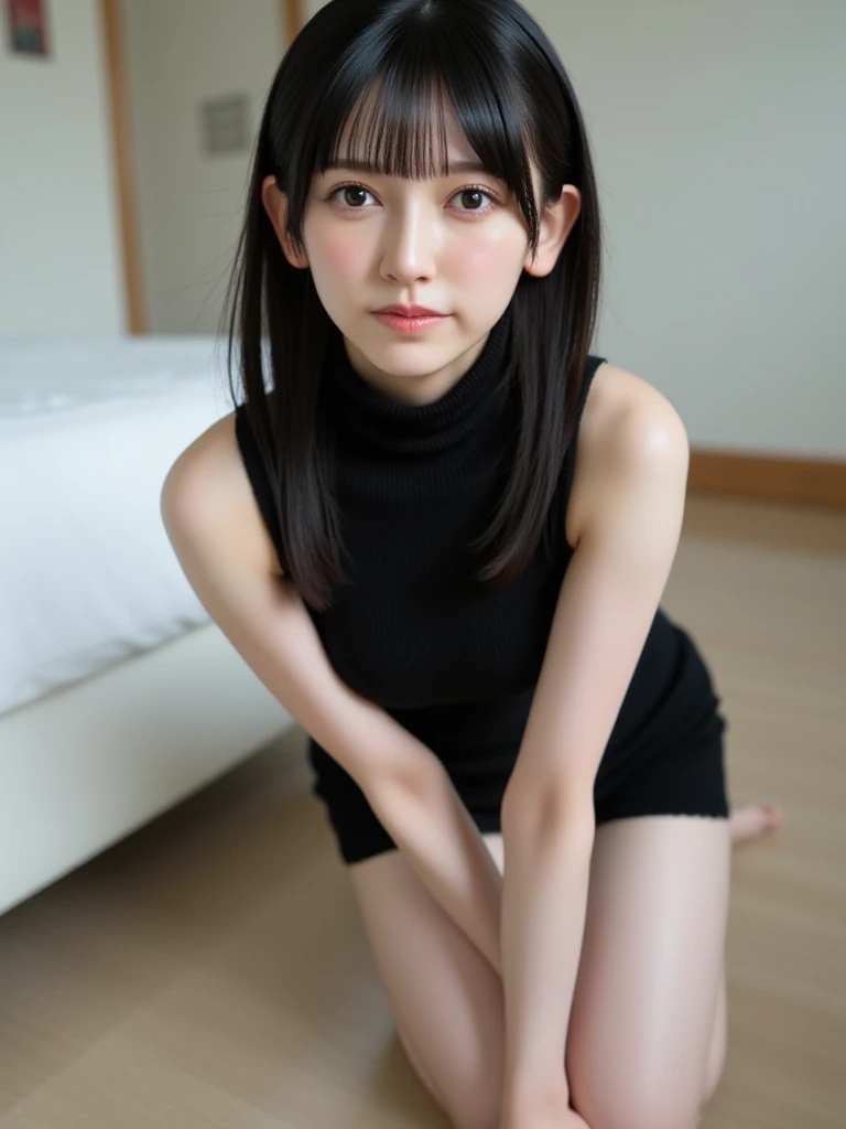 (8x_NMKD-Superscale_150000_G), (best quality), (high resolution), (masterpiece), (((to get down on all fours))), (Castle basement), ((short, black hair)), ((cute, baby face)), ((flat chest)), ((24 years old, 1 beautiful girl)), ((collar around neck)), ((frilled bra, panties)), Japanese