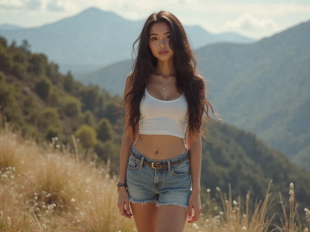 gritty raw photo of {beautiful young busty woman, 20 years old, long brown hair with colorful (violet, pink and blue) streaks, bright gray eyes}, [[walking along a lakeside path, wearing a white off-shoulder blouse, light blue high-waisted shorts, and brown sandals, holding a sunhat in one hand]], [[by a serene lake with mountains in the distance, some fluffy clouds in the sky, late morning light]], fully covered, hyperrealism, 8K UHD, realistic skin texture, flawed skin, shot with Canon EOS 5D Mark IV, highly detailed, masterpiece
