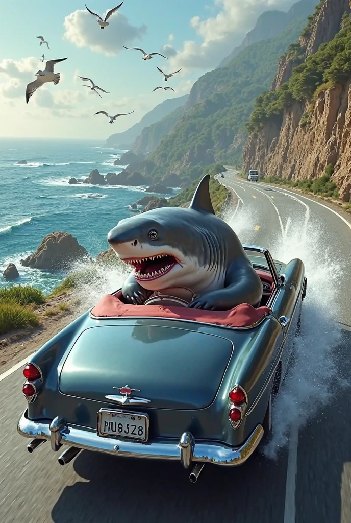 A shark eating a car on the beach with two beautiful women sitting in the car