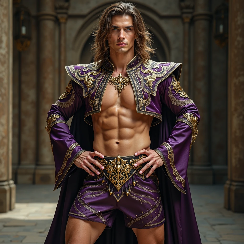 ((Best quality)), ((tmasterpiece)), Priapus, 1 boy, Muscle tissue, inca temple, flight, a true, Long curly purple hair, handsome male face, Detailed eyes purple, musculous, (Willow waist), Bubl, Upper part of the body, gold chain belt, draped shorts, arm ring, delicate skin, actual, Pino Deheni&#3 tiles, [Daniel F style. Gerhartz::0.5], Ultra high-definition images, employment, 8K, Semi-realistic, epic lighting, Focus sharp, actual, Romantic,