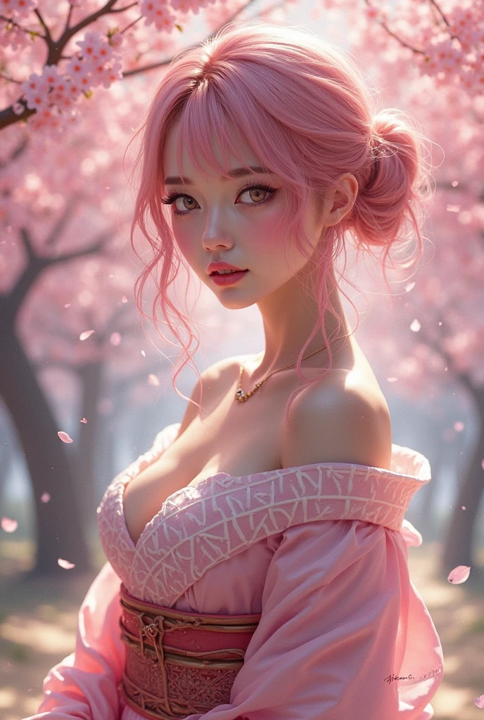gorgeous beautiful tanned sexy brazilian girl in the most beautiful very detailed open kimono with belt and ribbons with ((long wavy pink hair)), seductive and sensual look, freckles, beautiful symmetrical face, pretty natural makeup, huge and huge accentuated breasts, huge and gigantic, cherry blossoms blowing in the wind shinto shrine background