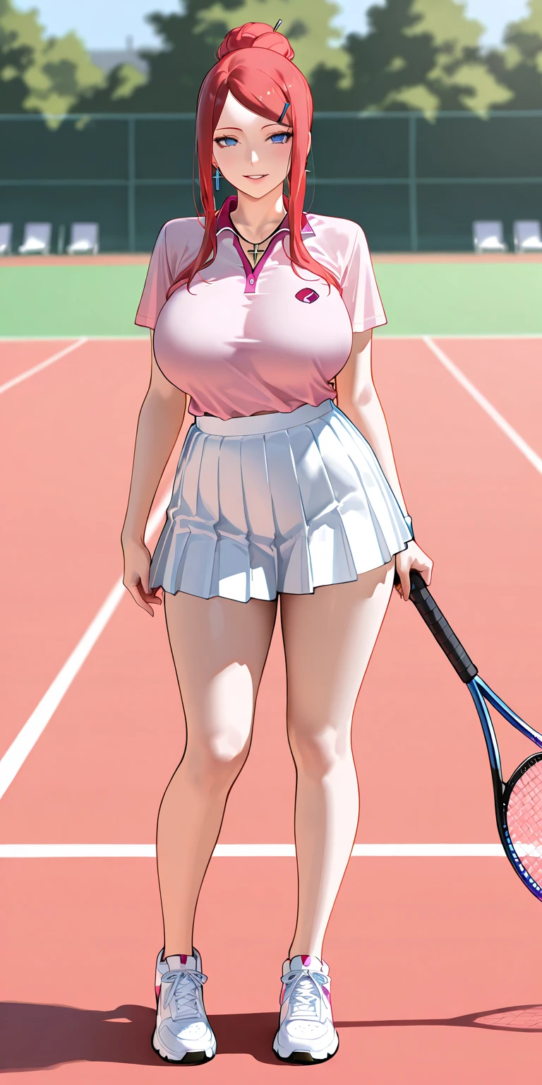 1 girl, silk hijab, face veil, wearing a salmon tennis jersey with an open cleavage, skirt, grey and pink adidas sneakers, polished nails,vibrant glossy pucked lips, makeup, tattoos, belly piercing, standing inside a tennis court, urban style, big natural breasts, curvy hips, big rounded ass, holding a purse made pu leather with a golden chain and straps in her right hand, in her left a tennis racket.