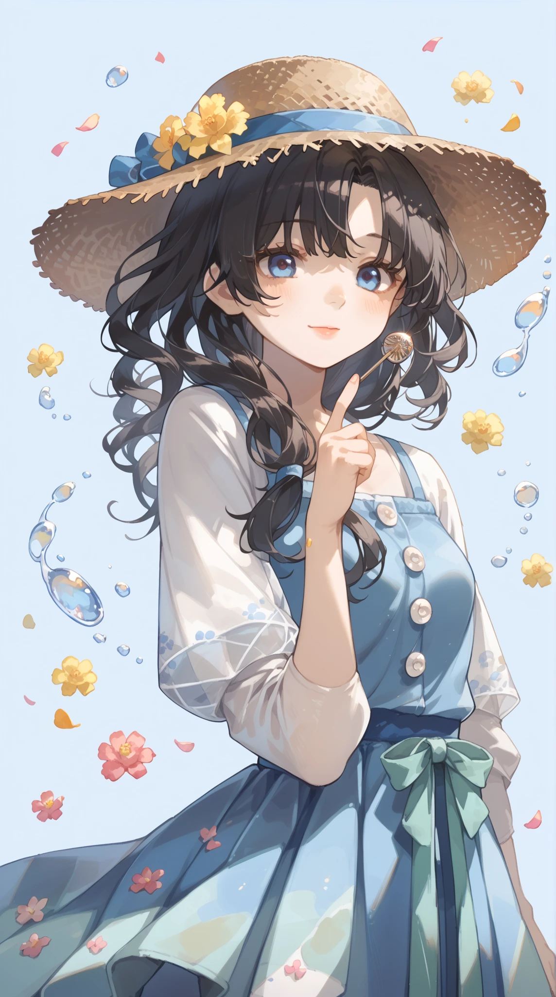 ((best quality)), ((ultra-detailed)), ((beautiful)) ((teens girl))((Basking in the sunshine)), ((Wear a dress)), ((a smile)), ((Overhead view angle)), ((Wear a straw hat))
